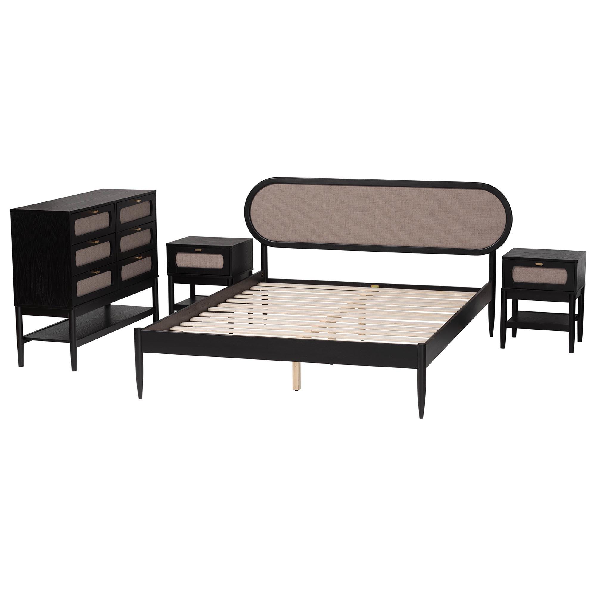 Shirin Mid-Century Fabric and Wood 4-Piece Bedroom Set