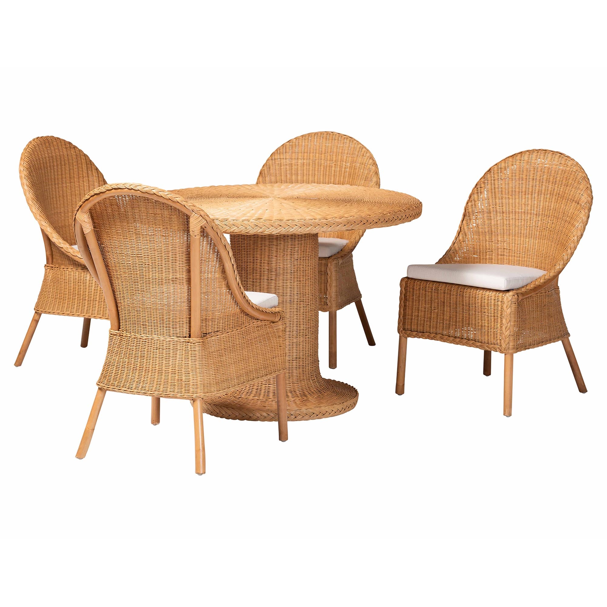 bali & pari Willy 5-Piece Rattan Dining Set - Round Wicker Table with Pedestal Base and 4 Side Chairs, Handwoven Boho Coastal Style for Dining, Kitchen or Sun Room, Light Honey