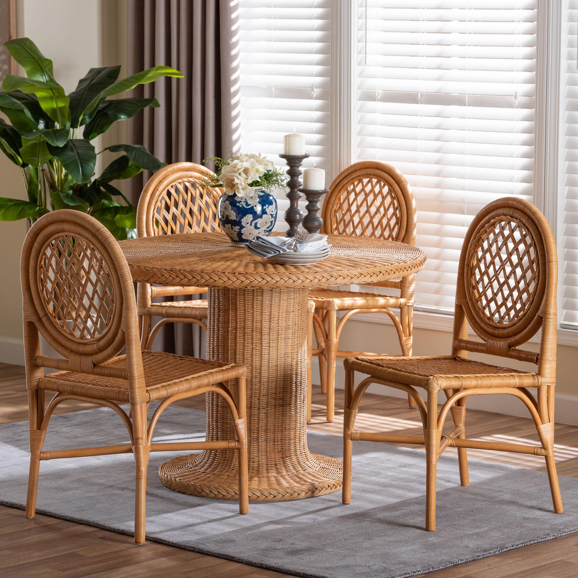 bali & pari Winslow 5-Piece Rattan Dining Set - Round Wicker Table with Pedestal Base and 4 Lattice Back Chairs, Handwoven Boho Coastal Style for Indoor Kitchen or Dining Room, Light Honey