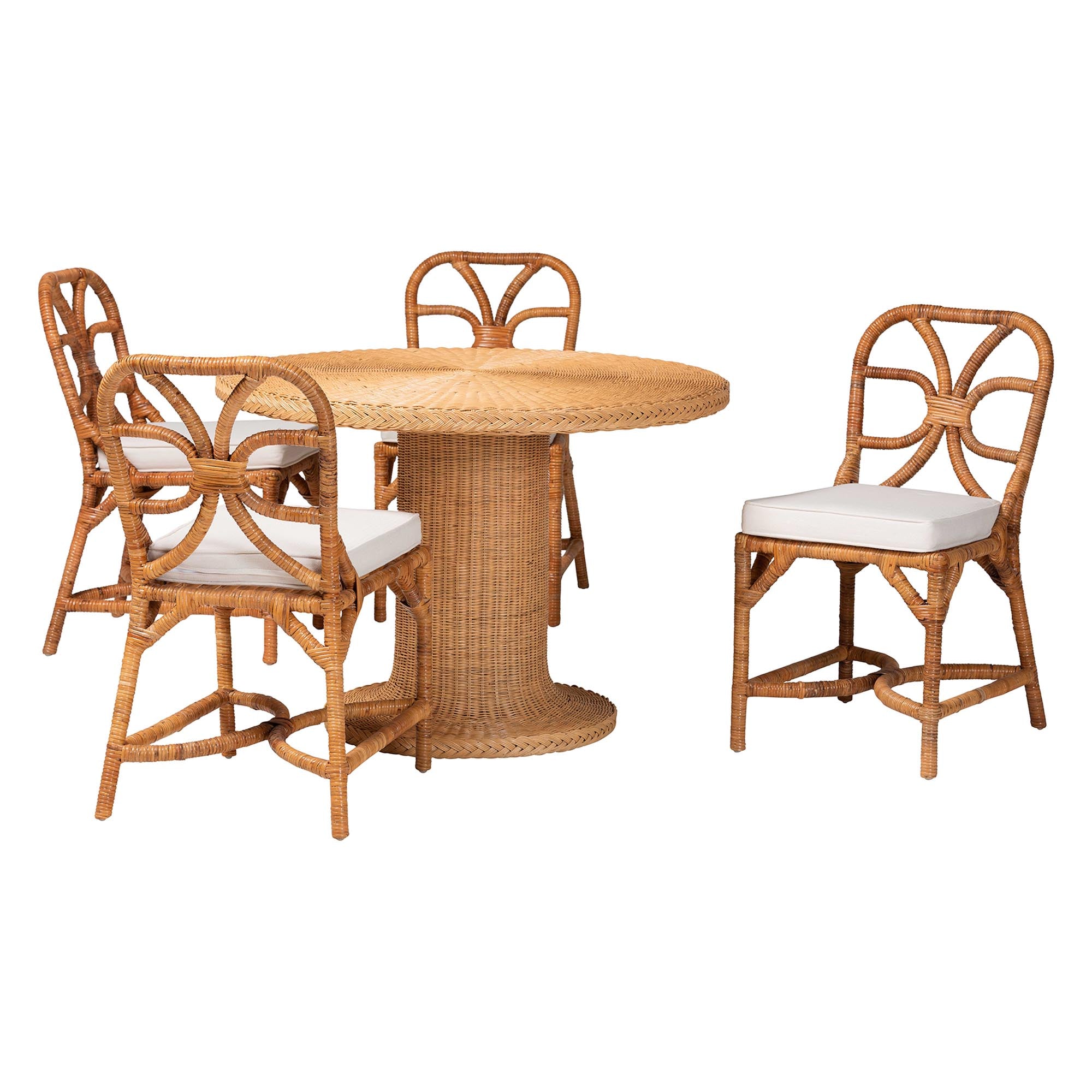 bali & pari Wilmer 5-Piece Rattan Dining Set - Round Wicker Table with Pedestal Base and 4 Side Chairs, Handwoven Boho Coastal Style for Dining, Kitchen or Sun Room, Light Honey