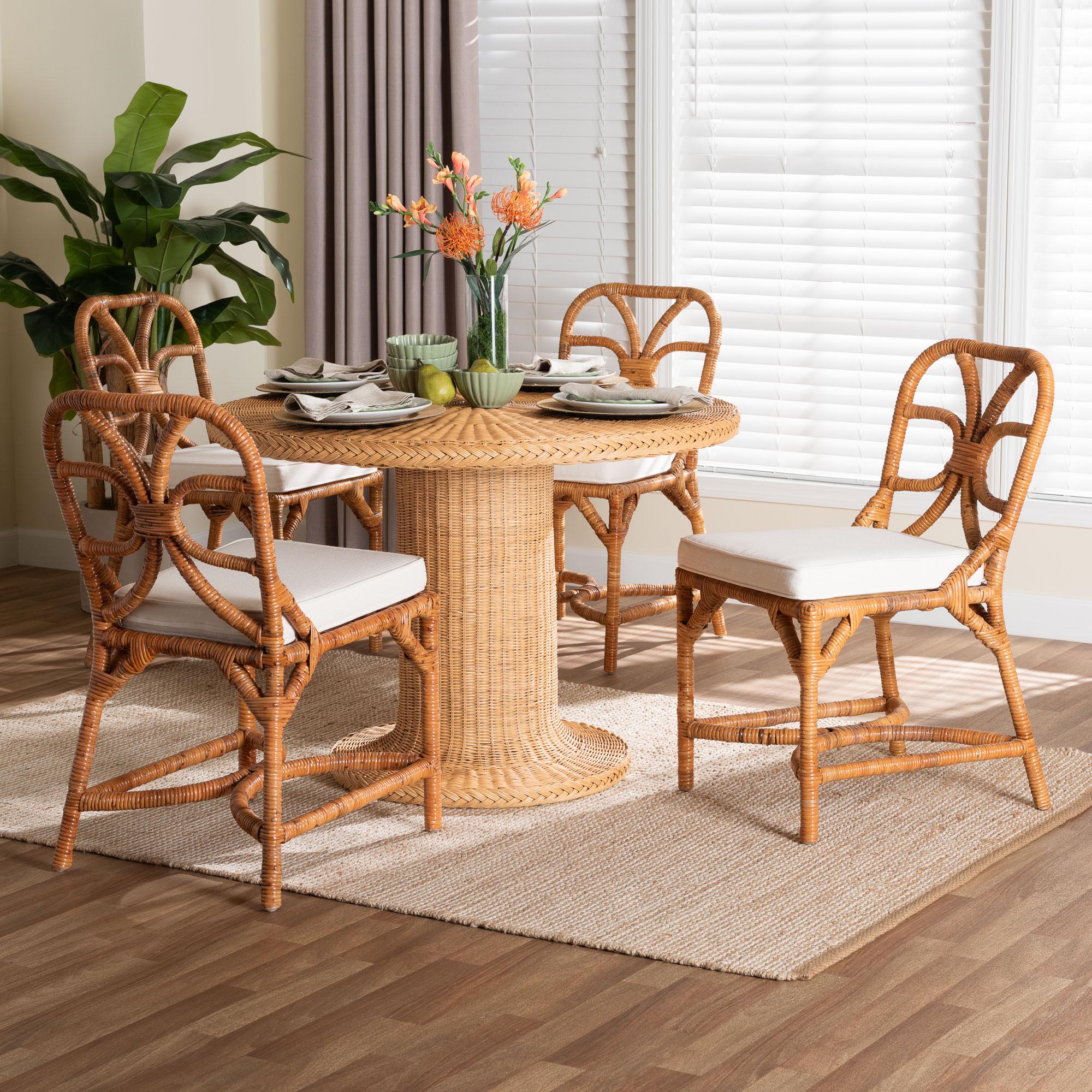 bali & pari Wilmer 5-Piece Rattan Dining Set - Round Wicker Table with Pedestal Base and 4 Side Chairs, Handwoven Boho Coastal Style for Dining, Kitchen or Sun Room, Light Honey
