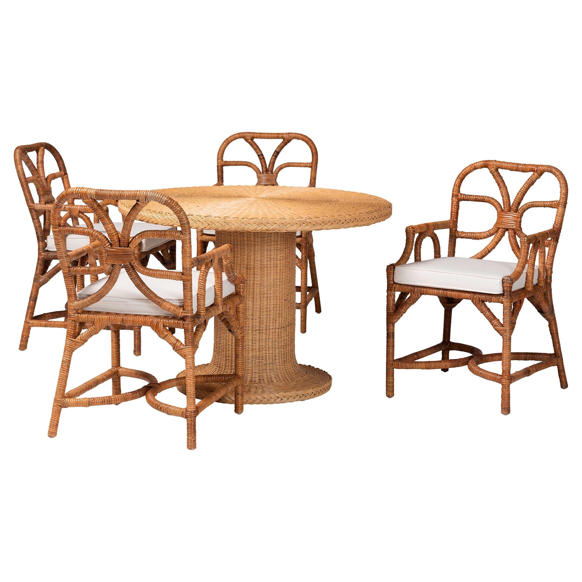 bali & pari Wade 5-Piece Rattan Dining Set - Round Wicker Table with Pedestal Base and 4 Armchairs, Handwoven Boho Coastal Style for Dining, Kitchen or Sun Room, Light Honey