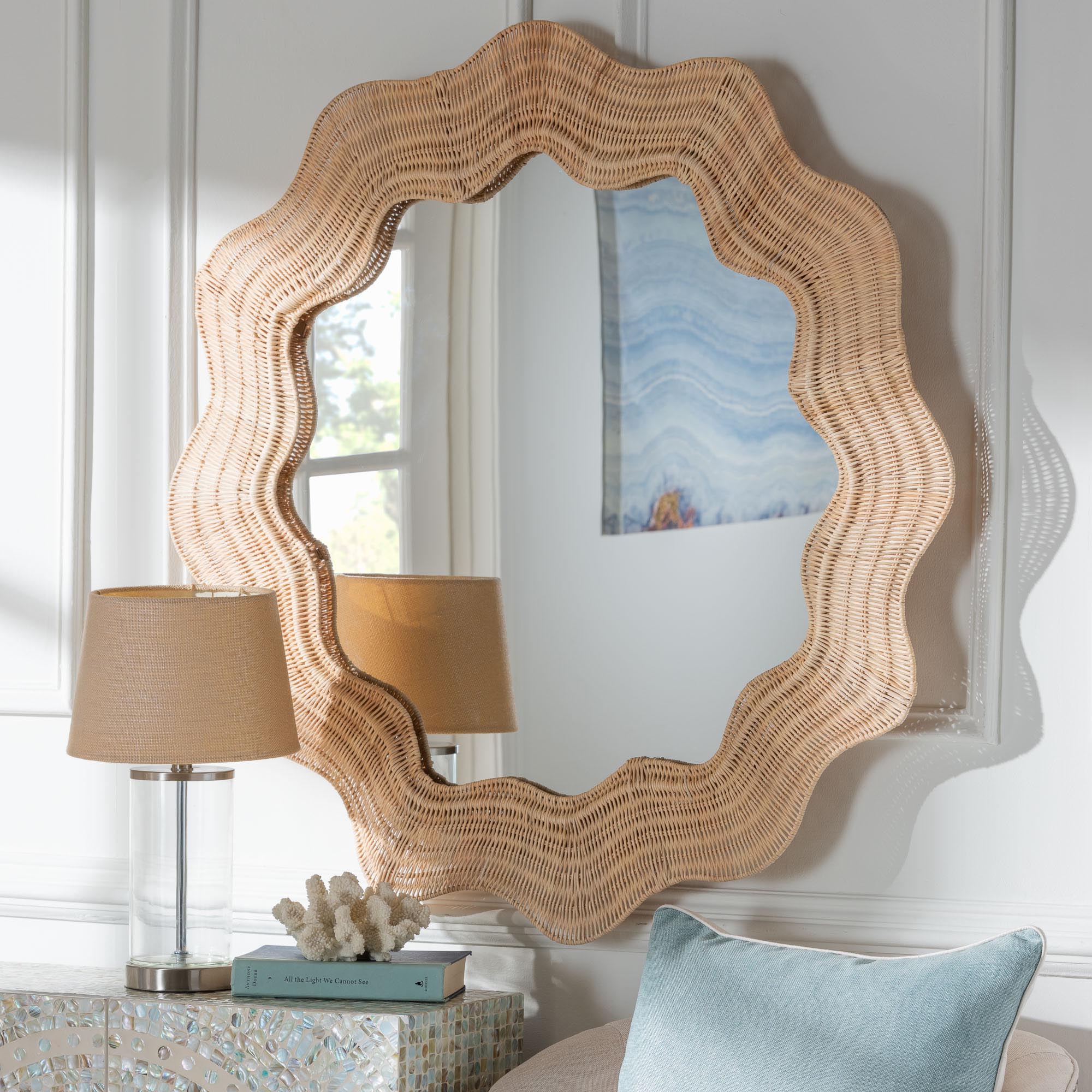 bali & pari Hasana Coastal Scalloped Rattan Round Accent Wall Mirror