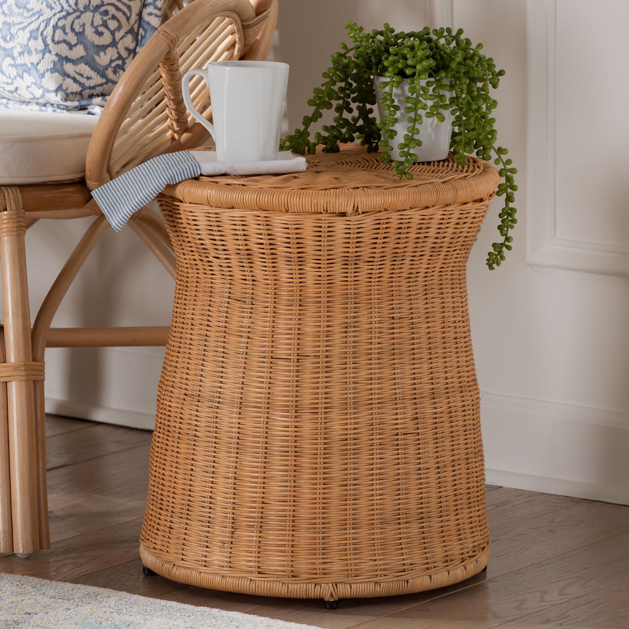bali & pari Caroline Round Rattan End Table - Handwoven Wicker Drum Shape Accent Table for Living Room or Sunroom, Light Honey