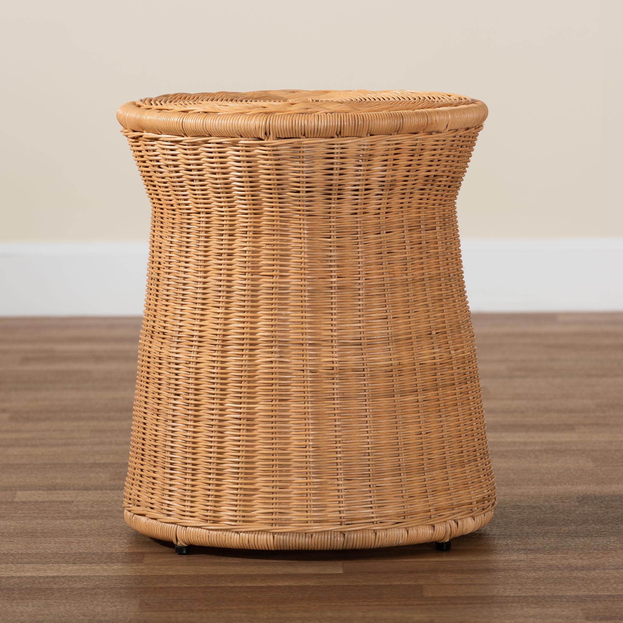 bali & pari Caroline Round Rattan End Table - Handwoven Wicker Drum Shape Accent Table for Living Room or Sunroom, Light Honey