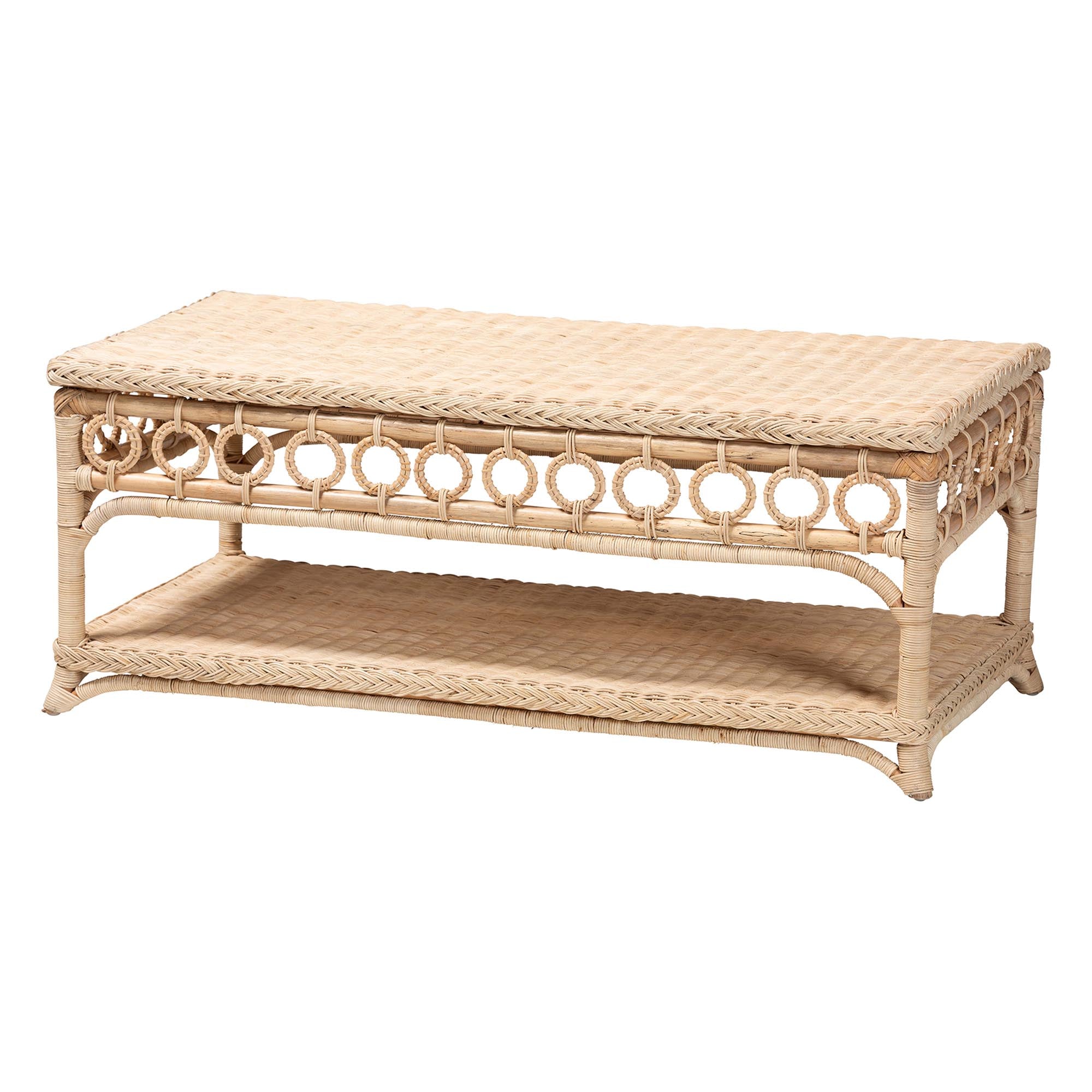bali & pari Oxford Braided Rattan Coffee Table with Open Shelf - Coastal Boho Living Room Accent Table with Decorative Loop Detailing