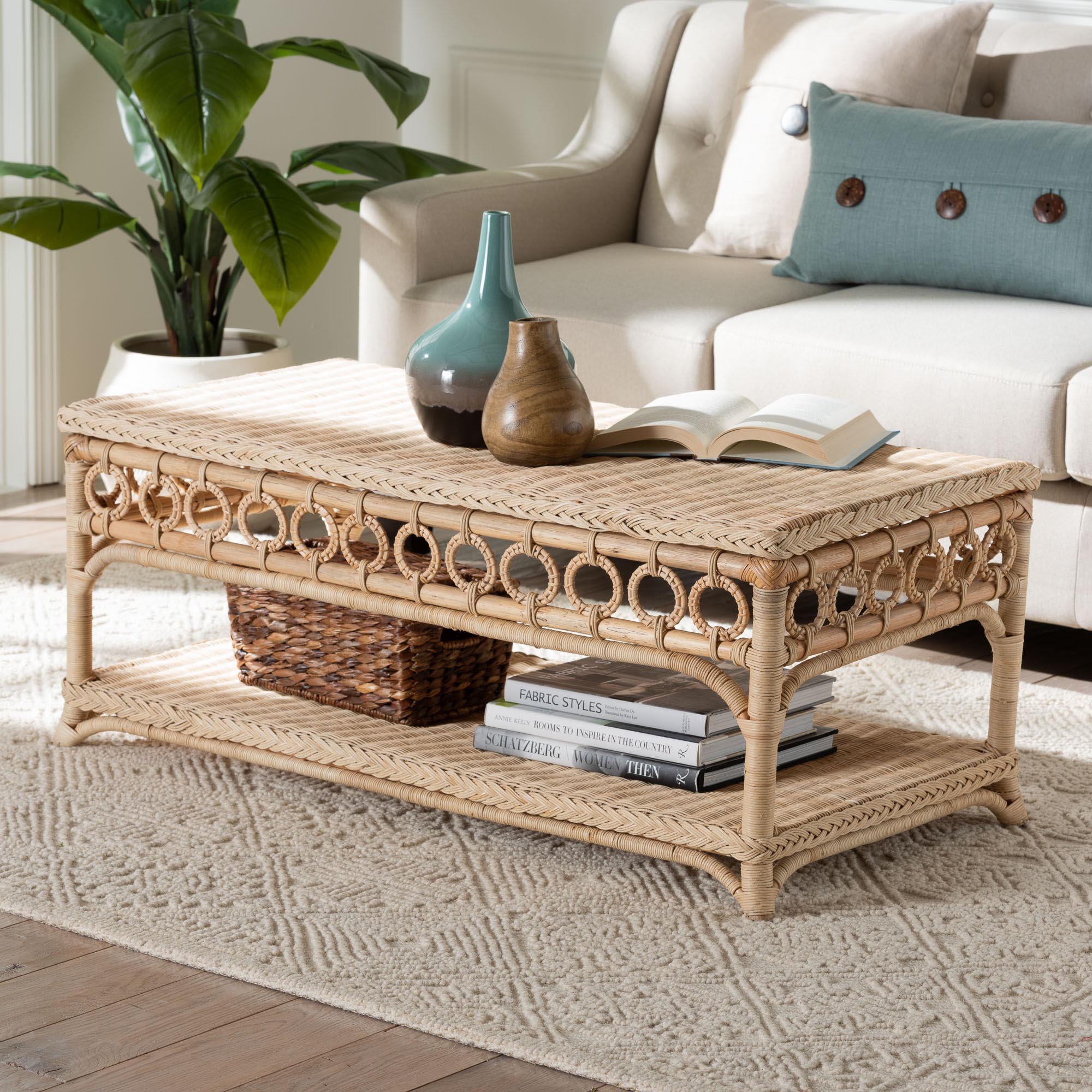 bali & pari Oxford Braided Rattan Coffee Table with Open Shelf - Coastal Boho Living Room Accent Table with Decorative Loop Detailing