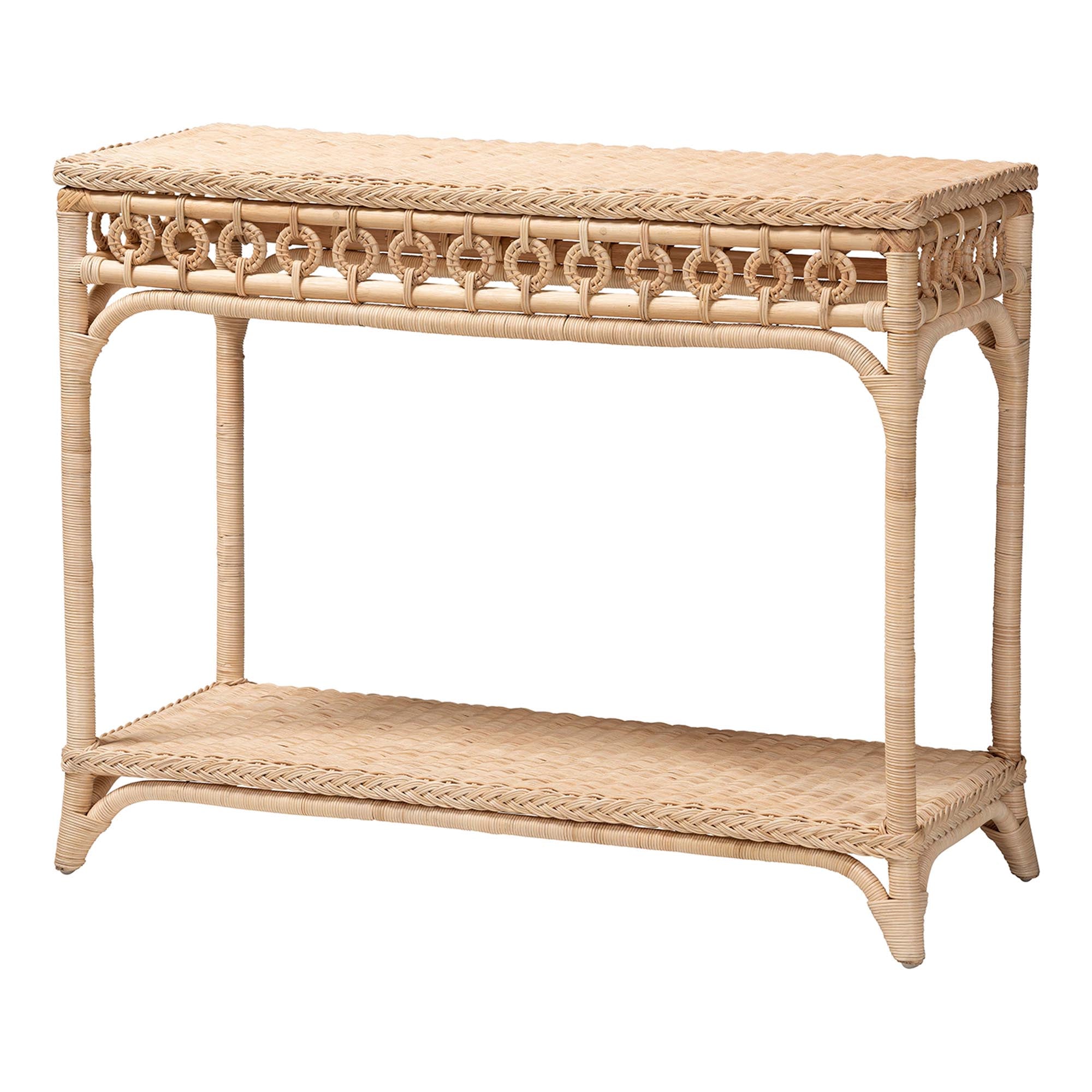 bali & pari Oxford Braided Rattan Console Table with Open Shelf - Coastal Boho Entryway or Hallway Accent Table with Decorative Loop Detailing