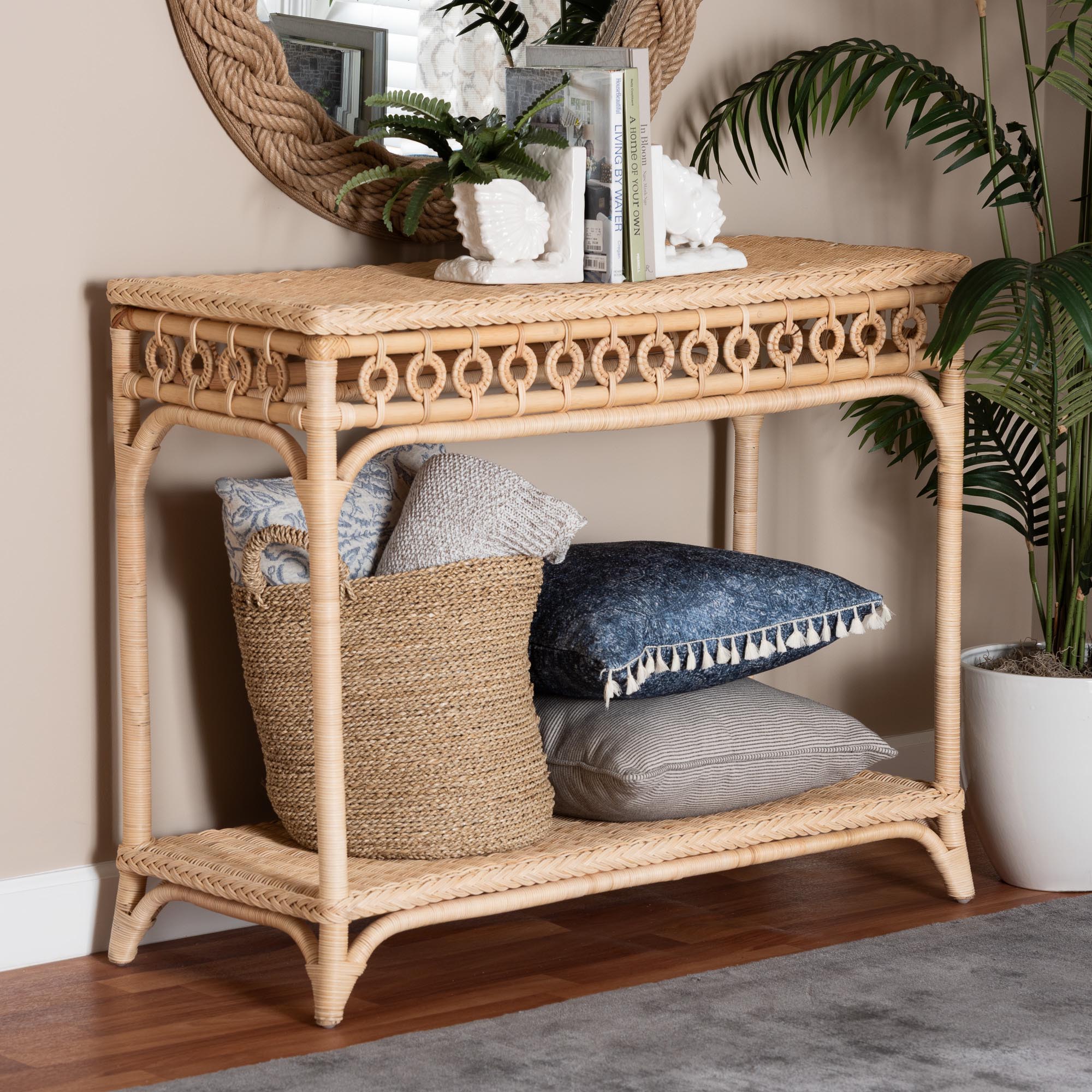 bali & pari Oxford Braided Rattan Console Table with Open Shelf - Coastal Boho Entryway or Hallway Accent Table with Decorative Loop Detailing