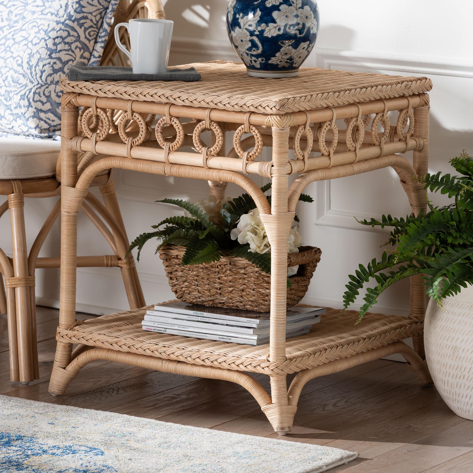 bali & pari Oxford Braided Rattan End Table with Shelf - Square Boho Accent Table with Decorative Loop Detailing, Coastal Style for Living Room or Bedroom