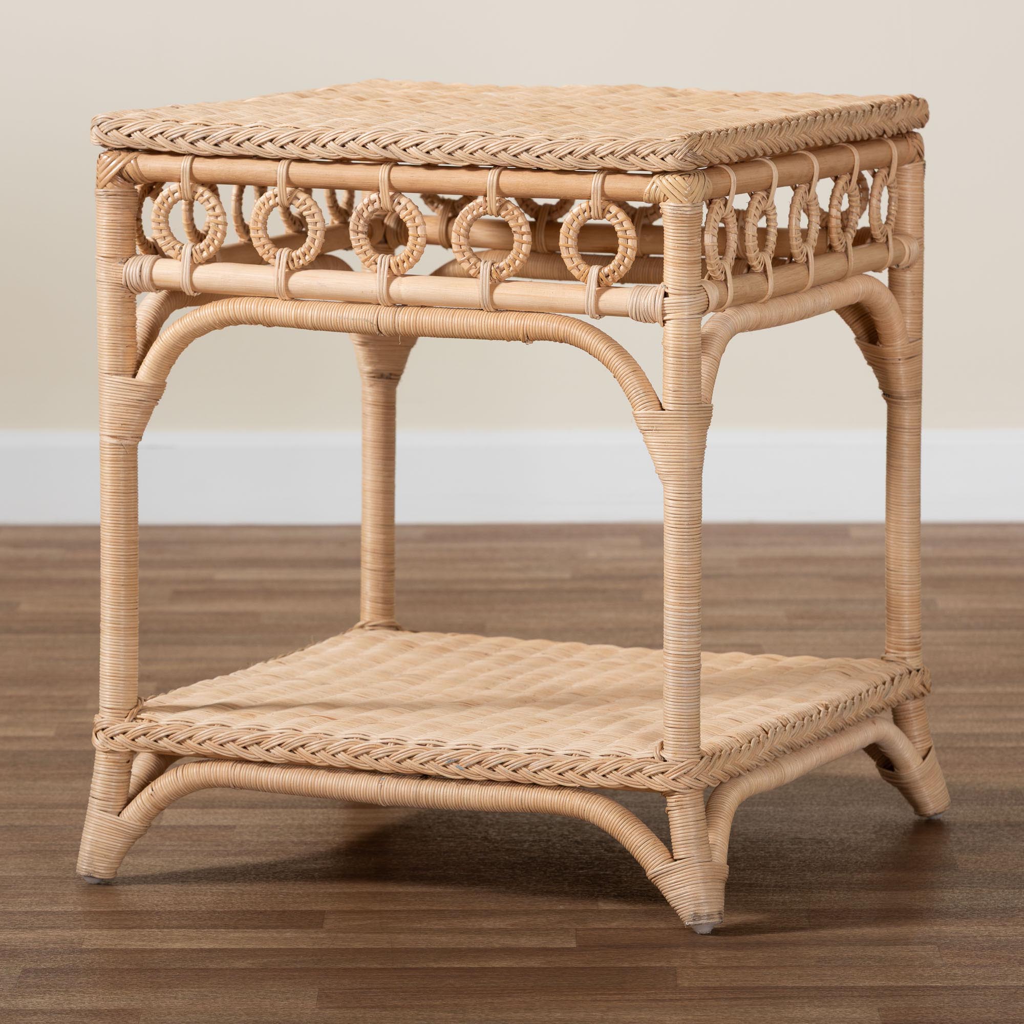 bali & pari Oxford Braided Rattan End Table with Shelf - Square Boho Accent Table with Decorative Loop Detailing, Coastal Style for Living Room or Bedroom