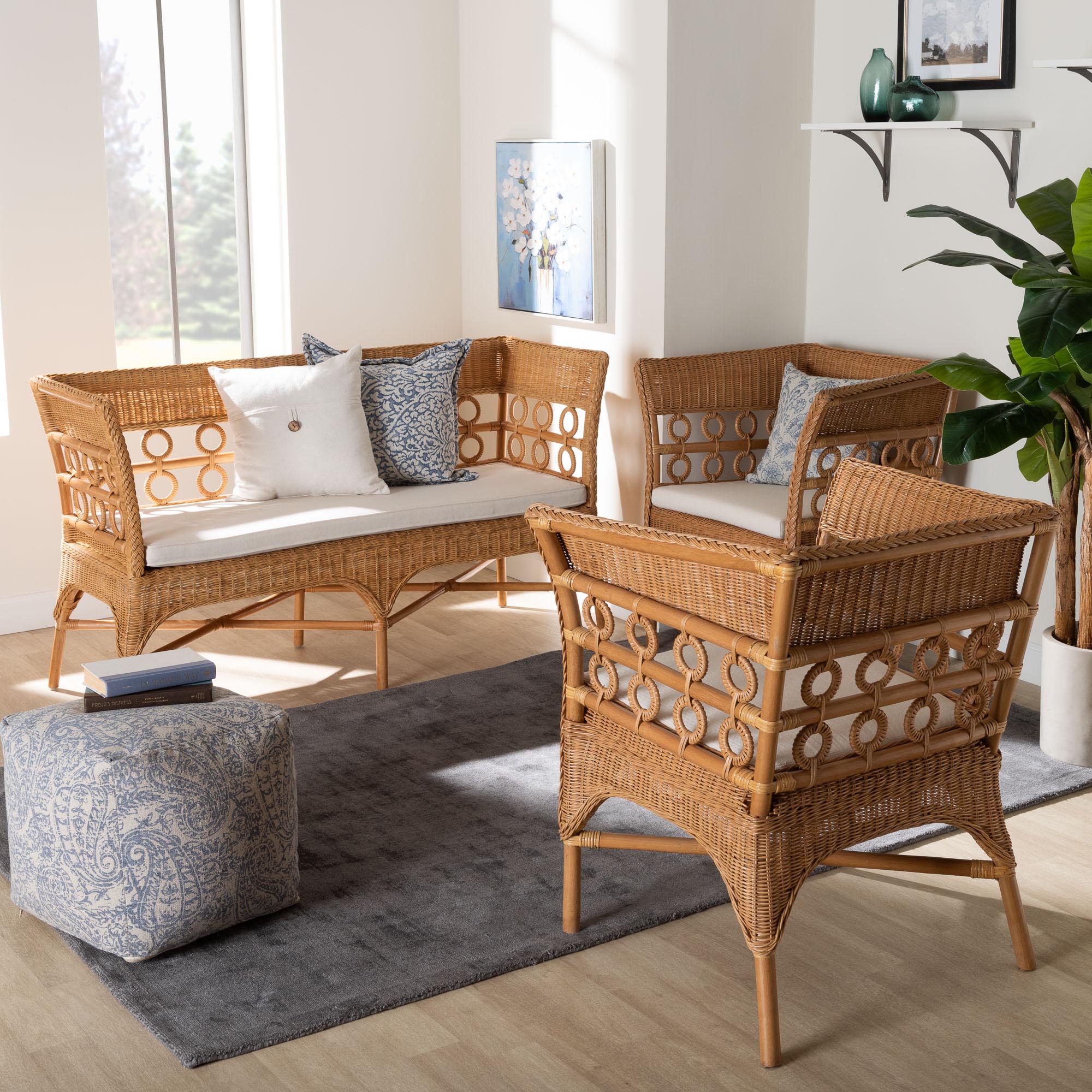 bali & pari Oxford Bohemian Light Honey Rattan 3-Piece Living Room Chair Set