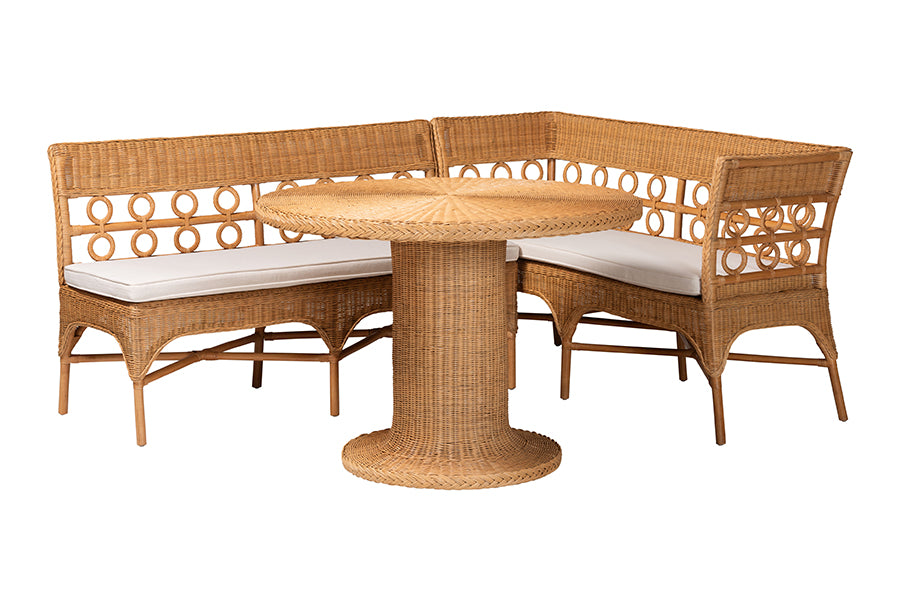Bali & Pari Monica Bohemian Light Honey Rattan 3-Piece Dining Nook Set