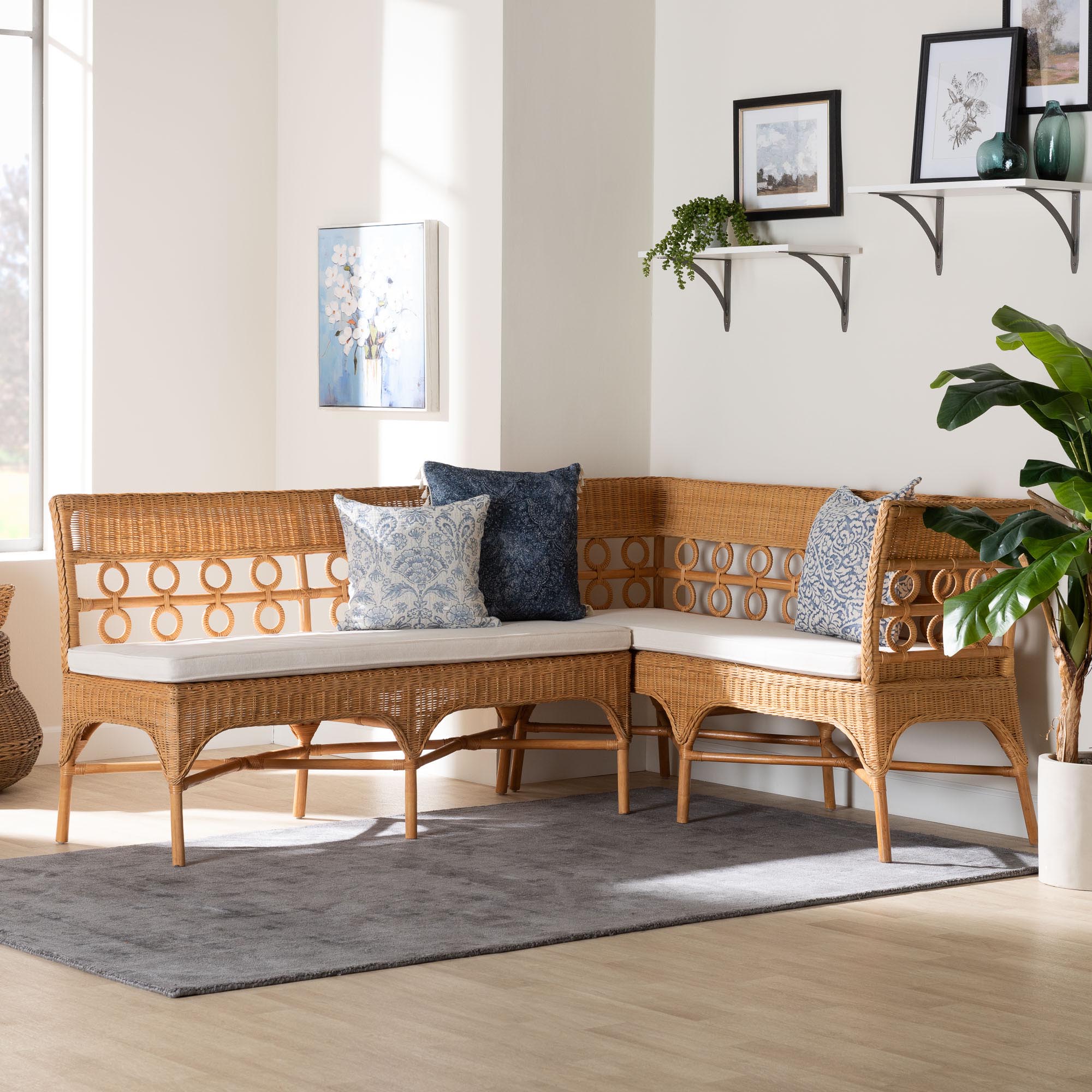 Bali & Pari Oxford Bohemian Light Honey Rattan 2-Piece Dining Nook Bench Set
