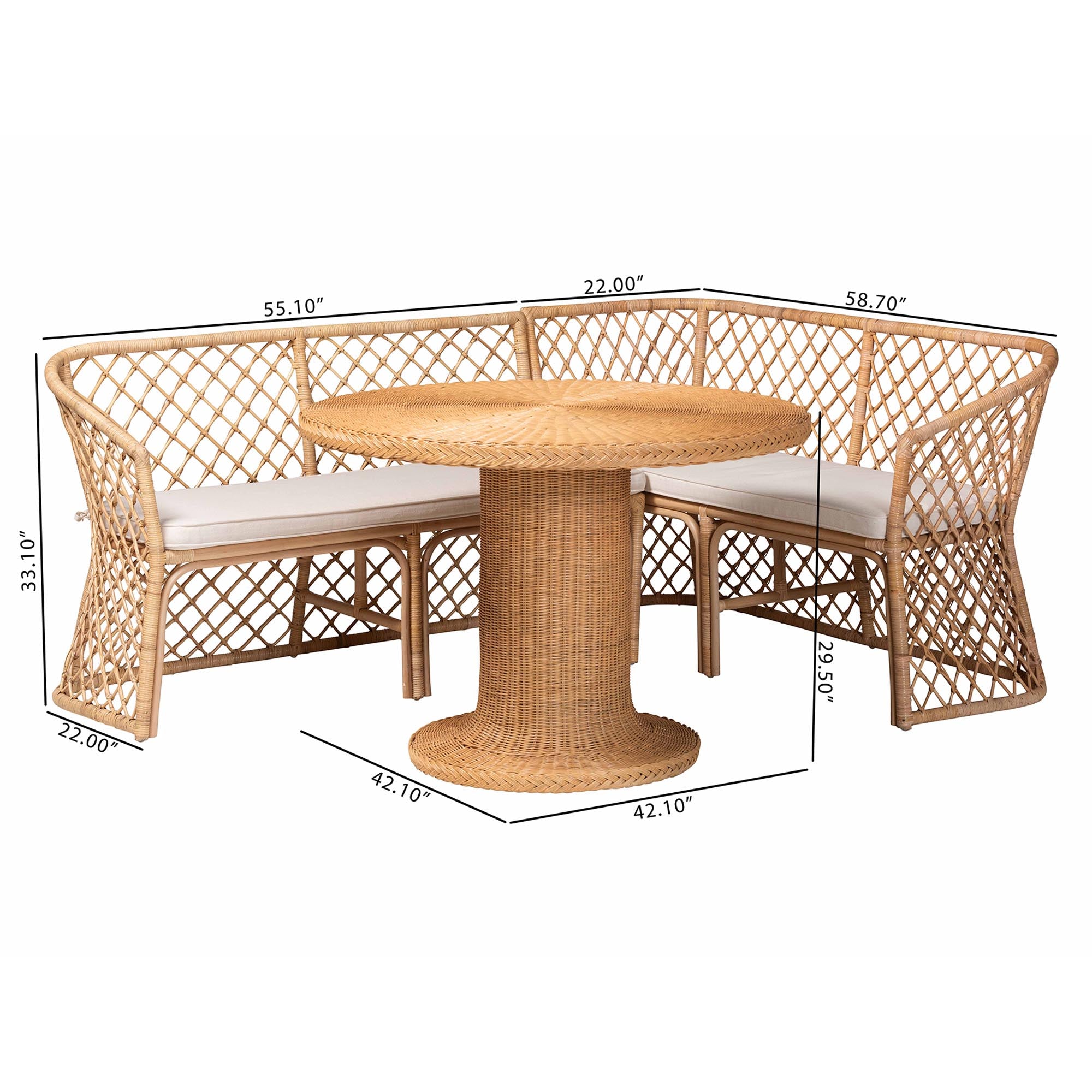 Bali & Pari Ellard Bohemian Light Honey Rattan 3-Piece Dining Nook Set
