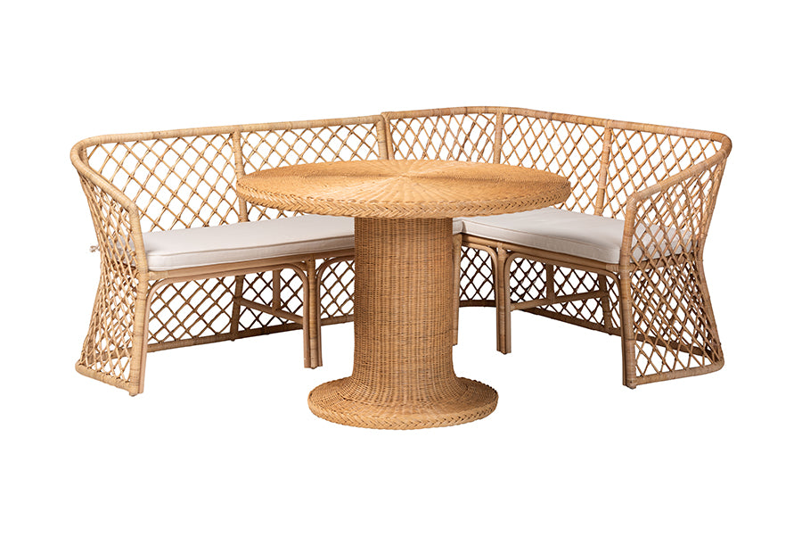 Bali & Pari Ellard Bohemian Light Honey Rattan 3-Piece Dining Nook Set