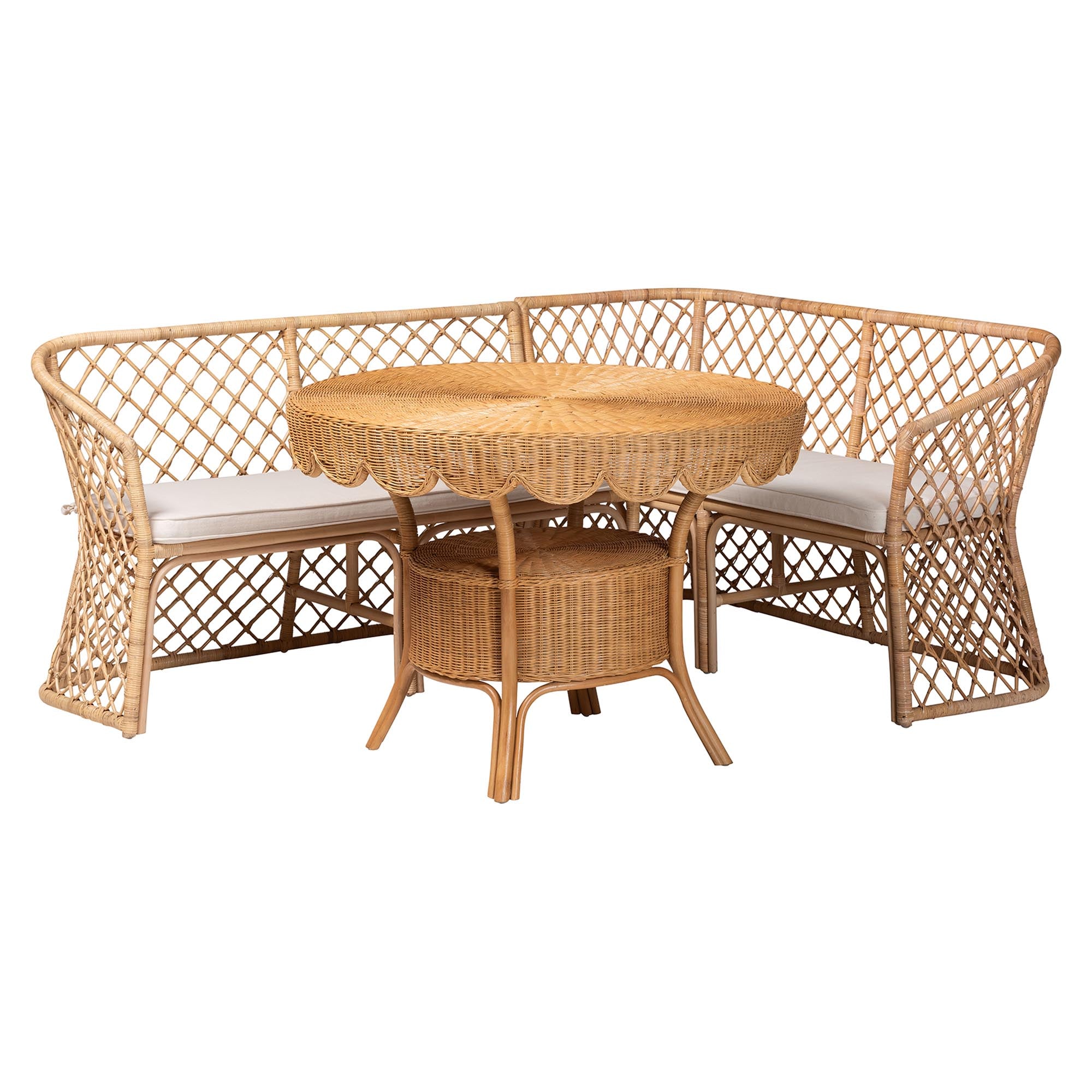 Bali & Pari Frayne Bohemian Light Honey Rattan 3-Piece Dining Nook Set