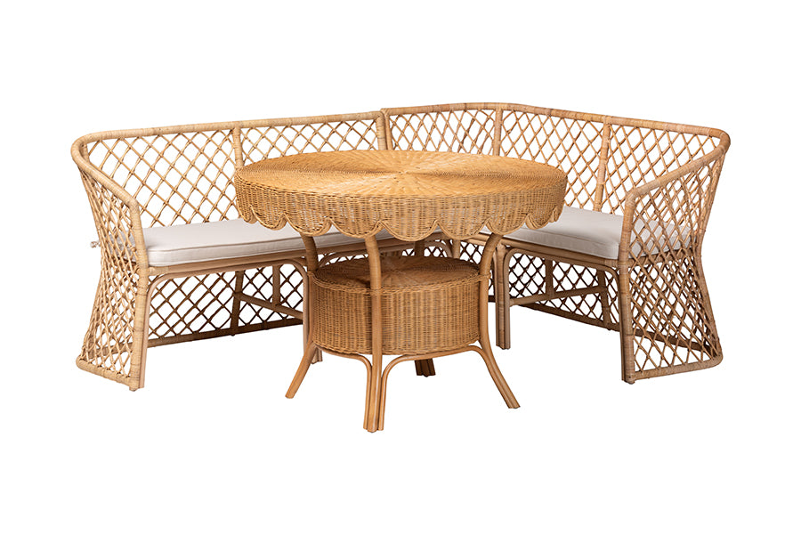 Bali & Pari Frayne Bohemian Light Honey Rattan 3-Piece Dining Nook Set
