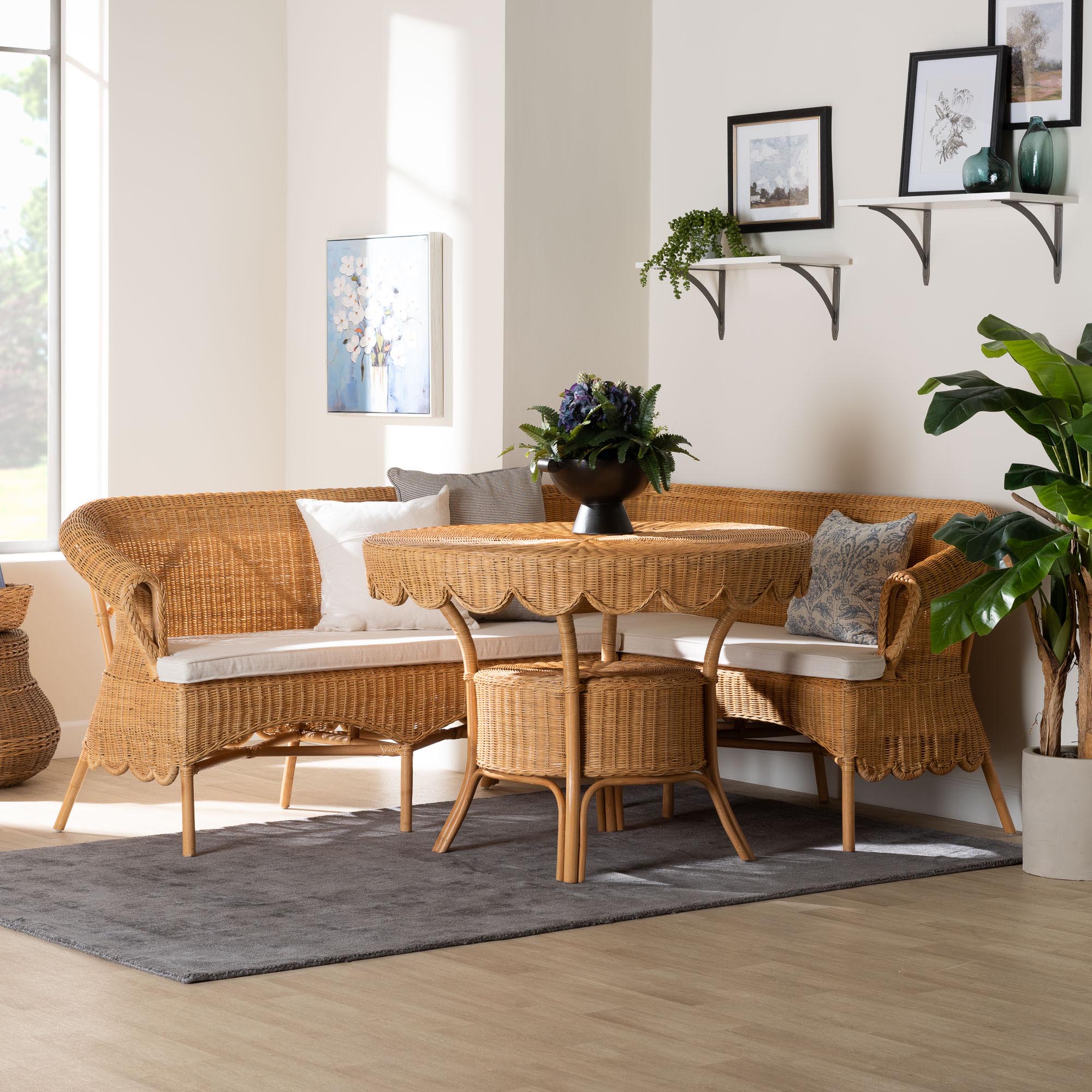 bali & pari Keitha Bohemian Light Honey Rattan 3-Piece Dining Nook Set