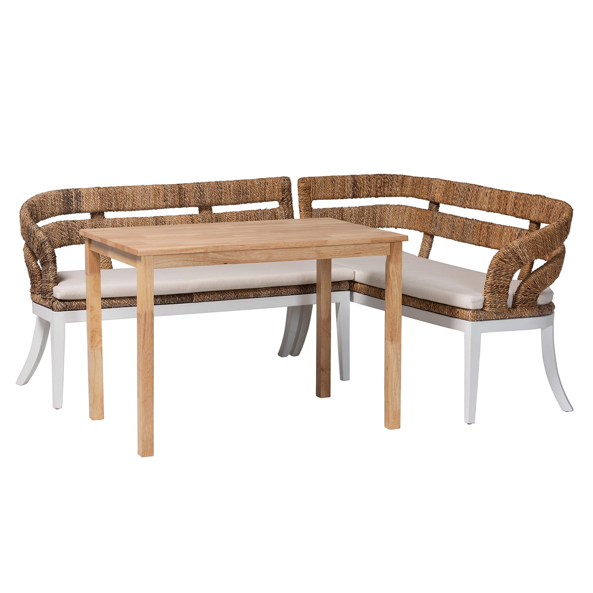 bali & pari Ubud Seagrass Dining Nook Set with Wood Dining Table and Cushioned L-Shaped Bench - Coastal Farmhouse Breakfast Corner Furniture Set for Kitchen or Dining Room, 3-Piece