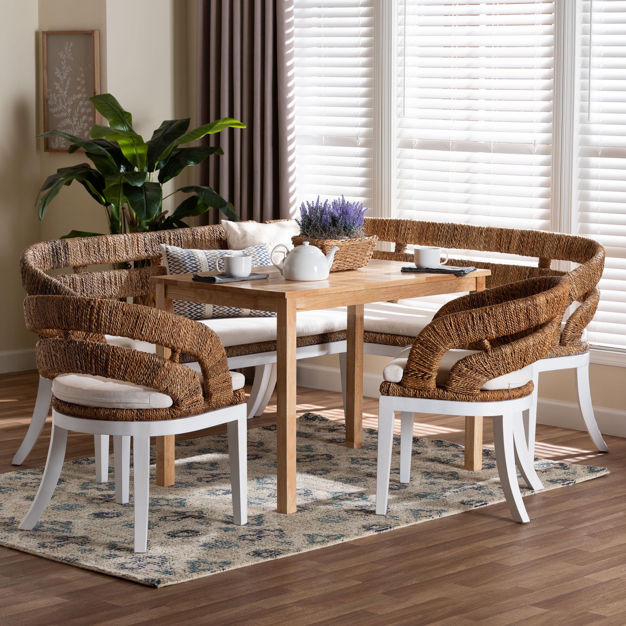 bali & pari Ubud Seagrass Dining Nook Set with Wood Table, Cushioned L-Shaped Bench and Chairs - Coastal Farmhouse Breakfast Corner Furniture Set for Kitchen or Dining Room, 5-Piece