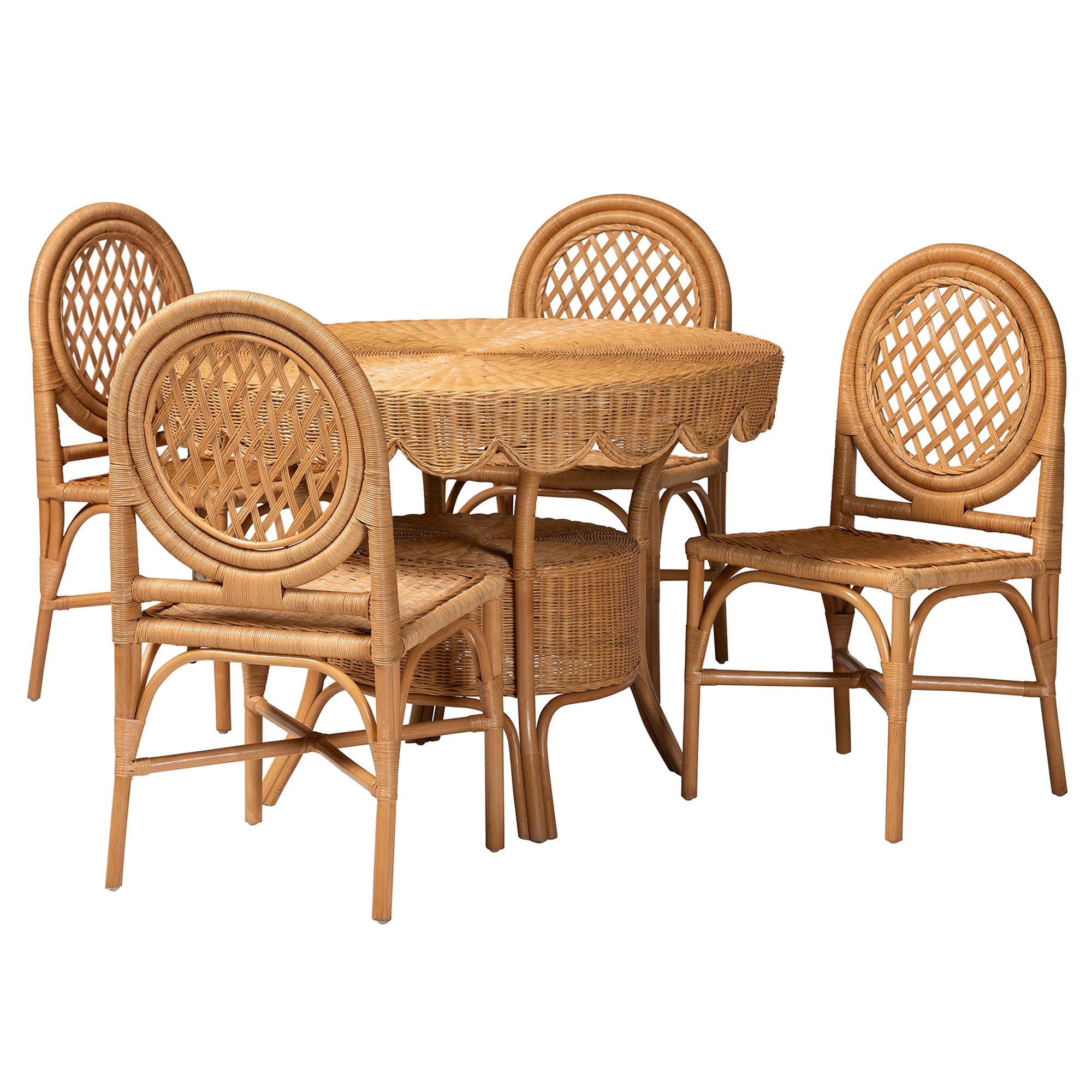 bali & pari Troy 5-Piece Rattan Dining Set - Round Wicker Table with Scallop Edge and 4 Lattice Back Chairs, Handwoven Boho Coastal Style for Indoor Kitchen or Dining Room, Light Honey