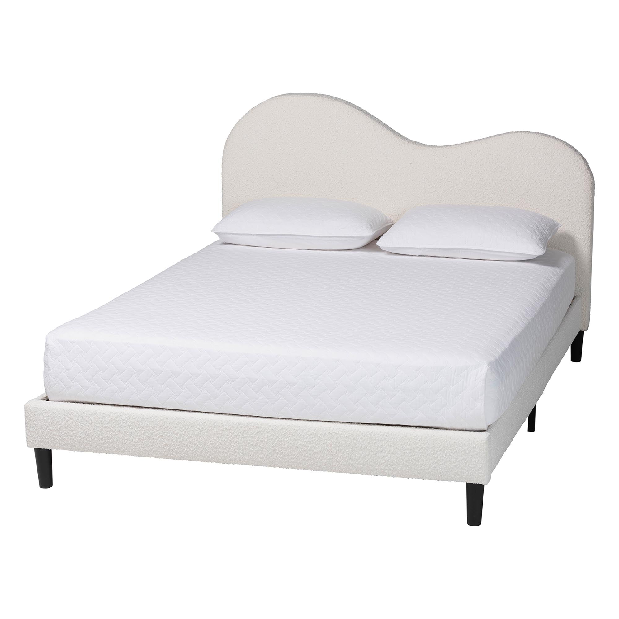 Dalton Boucle Upholstered Platform Bed - Soft Fabric Bed Frame with Headboard, Minimalist Design, Cream