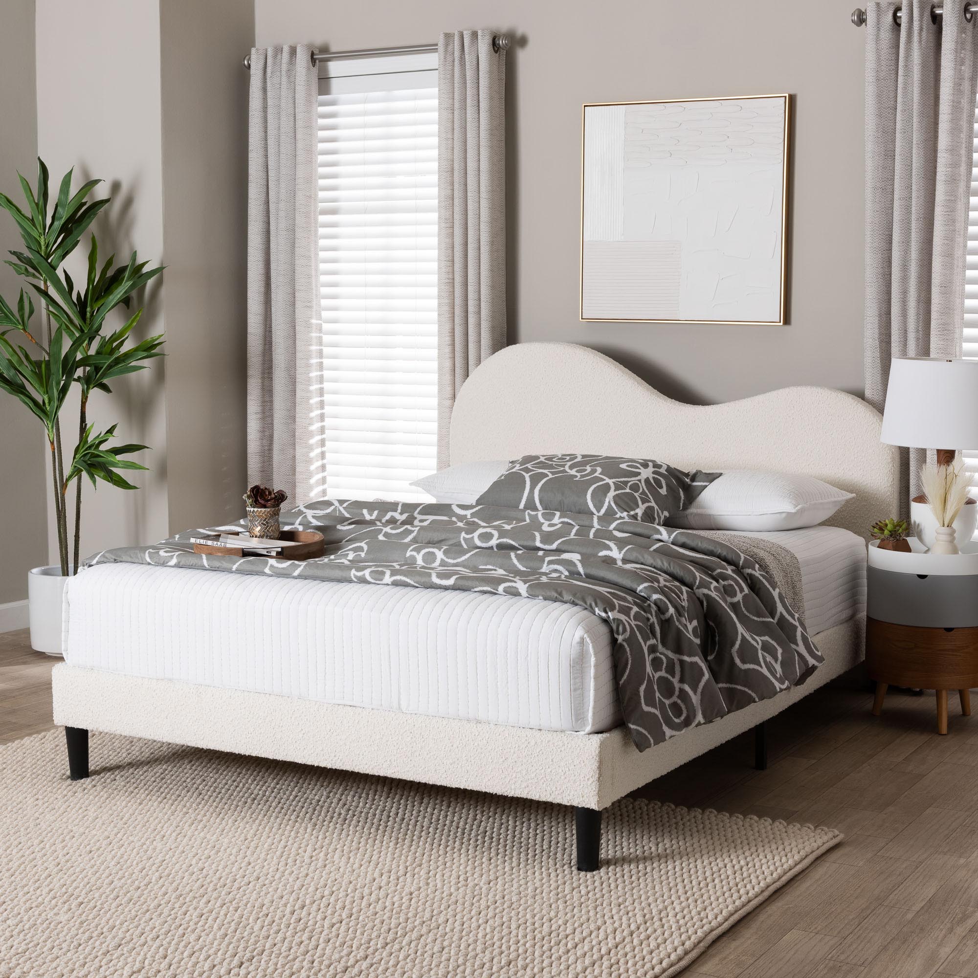Dalton Boucle Upholstered Platform Bed - Soft Fabric Bed Frame with Headboard, Minimalist Design, Cream