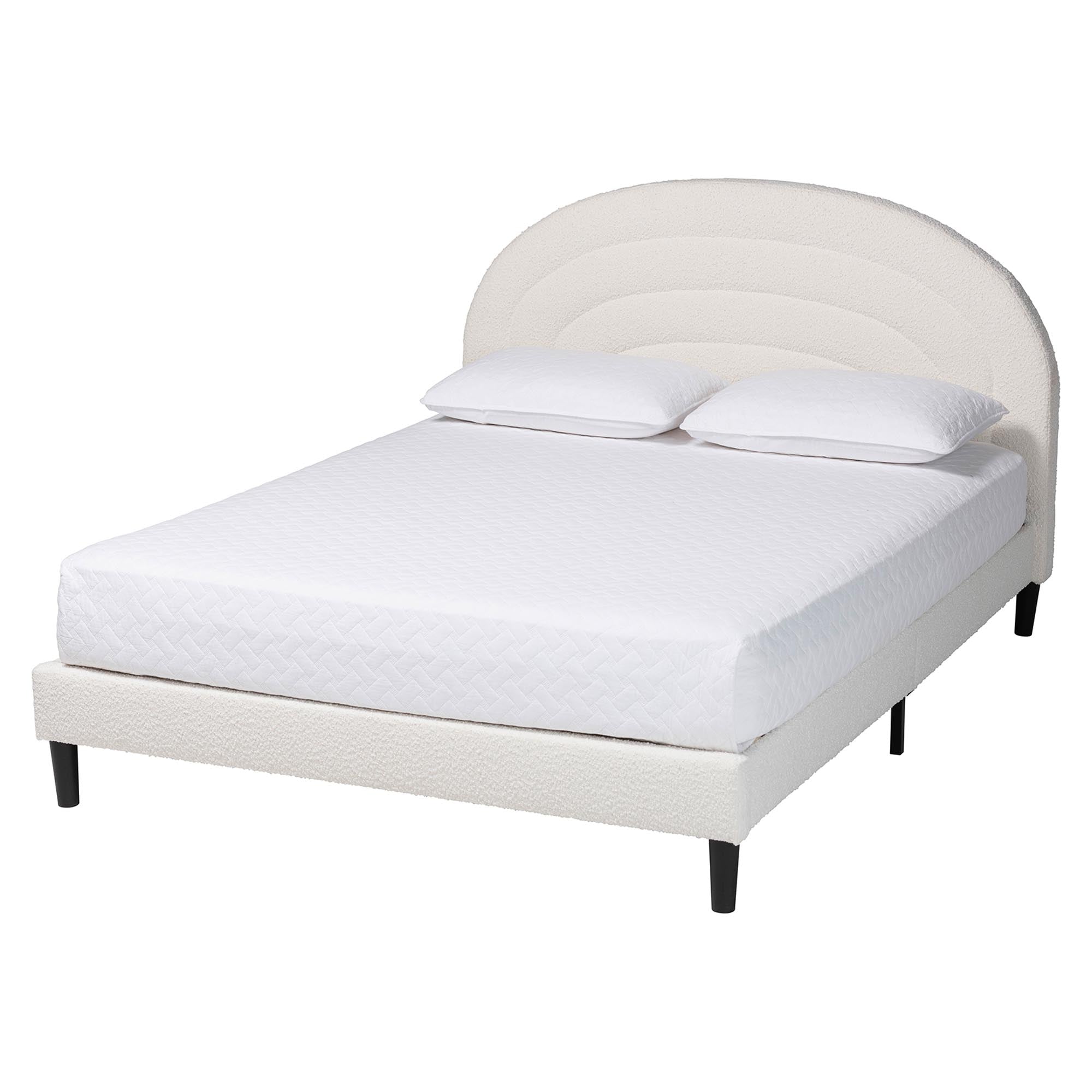 Pelagia Boucle Upholstered Platform Bed - Soft Fabric Bed Frame with Padded Headboard, Minimalist Design, Cream