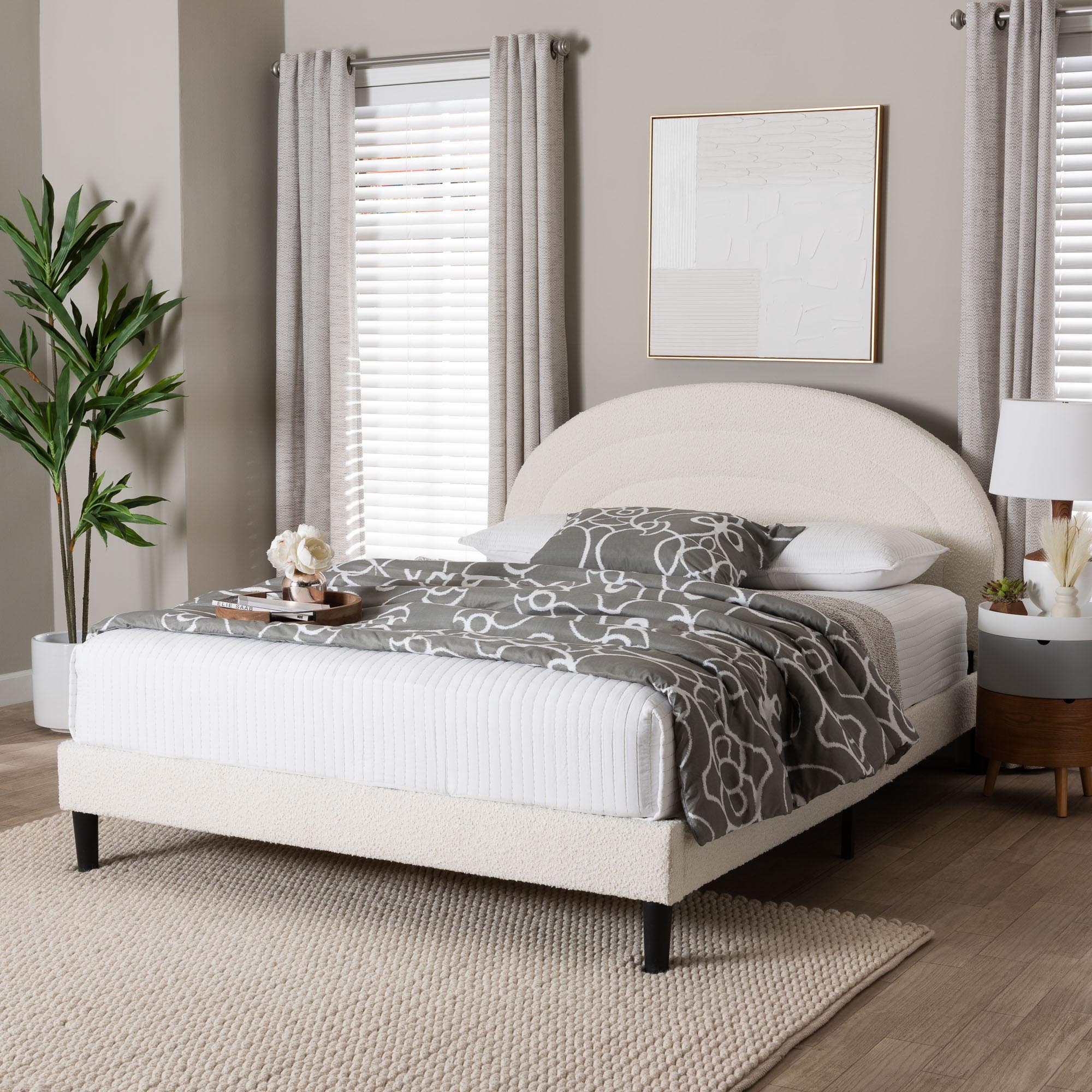 Pelagia Boucle Upholstered Platform Bed - Soft Fabric Bed Frame with Padded Headboard, Minimalist Design, Cream
