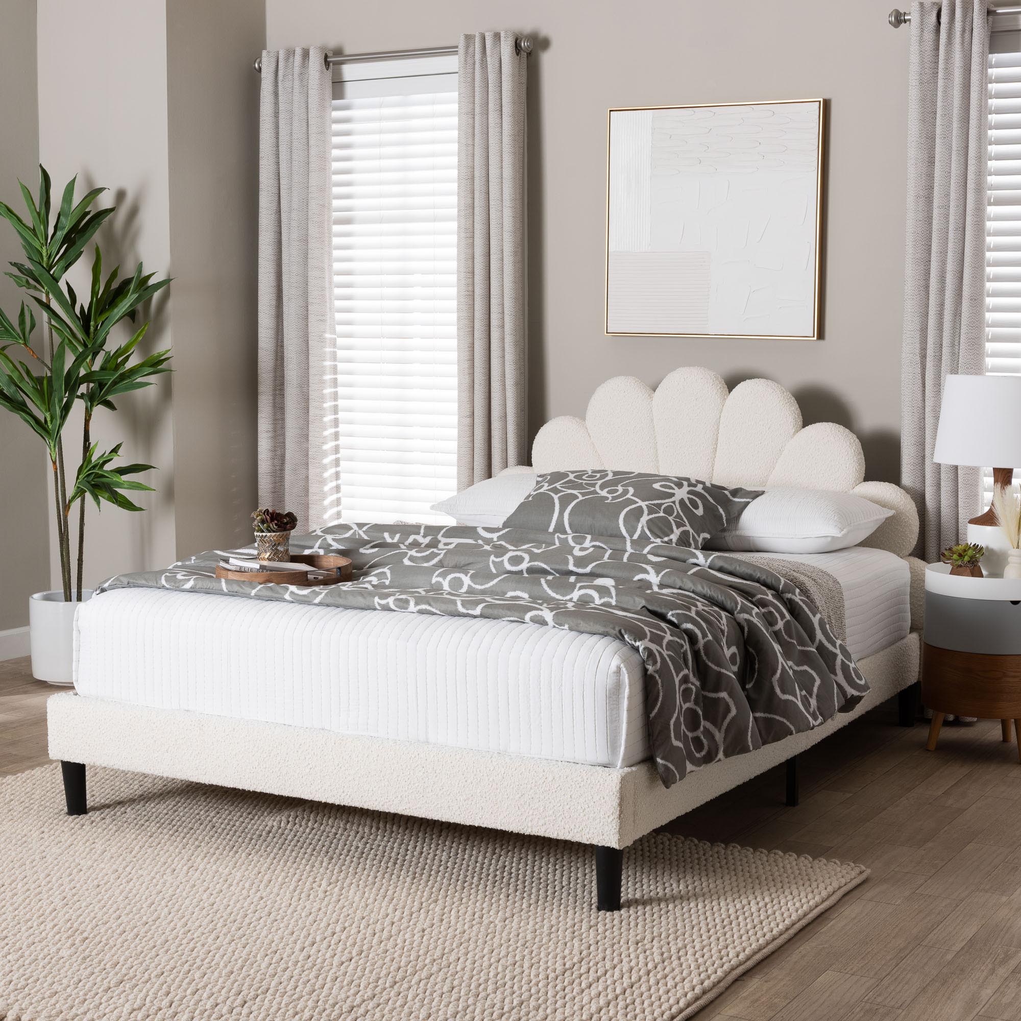 Albion Boucle Upholstered Platform Bed - Soft Fabric Bed Frame with Padded Headboard, Minimalist Design, Cream