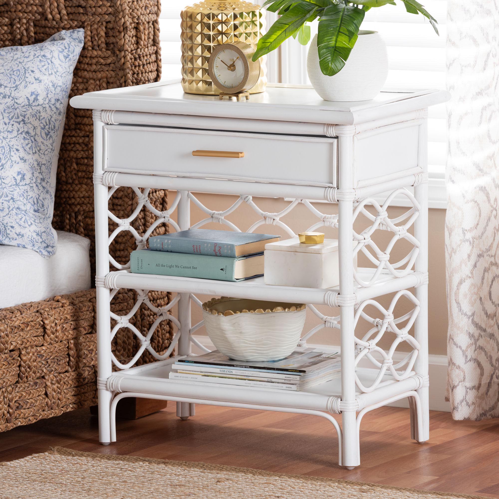 bali & pari Akane Rattan Nightstand with Drawer and Open Shelves - Coastal Bedside Table with Lattice Design,