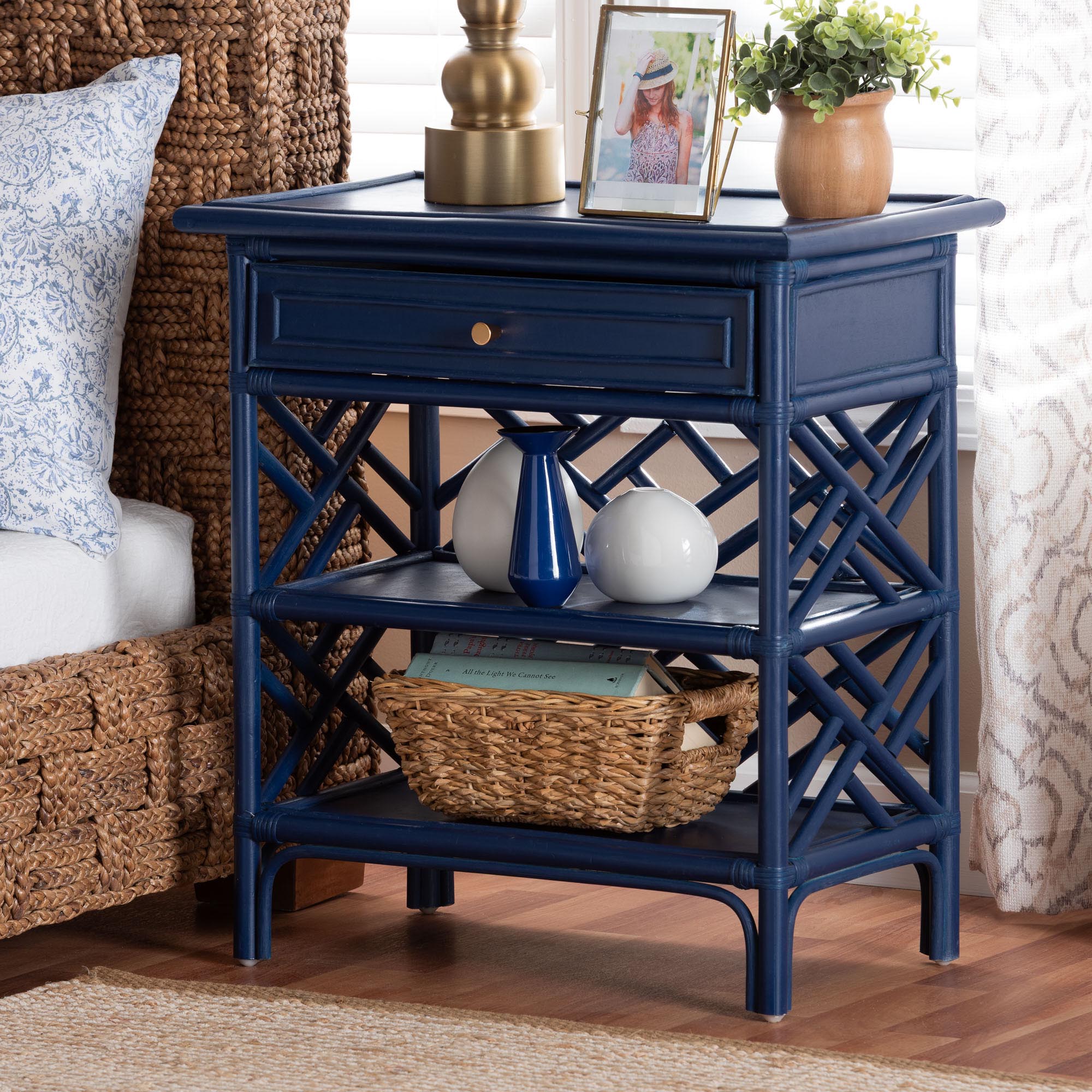 bali & pari Tiaret Rattan Nightstand with Drawer and Shelves - Chippendale-Style Bedside Table for Bedroom or Coastal Living Spaces,
