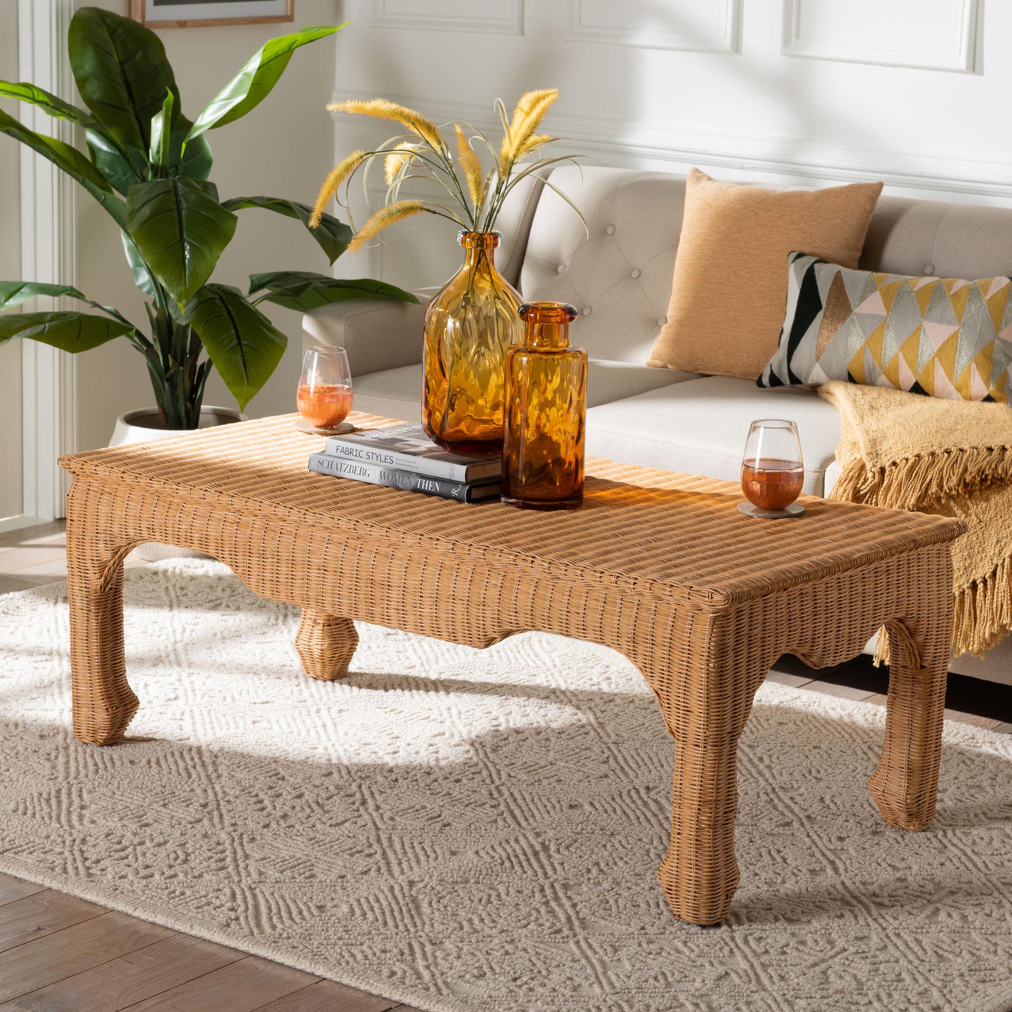 bali & pari Abena Ming Style Rattan Coffee Table - Rectangular Boho Chic Accent Table for Living Room, Family Room, or Sunroom