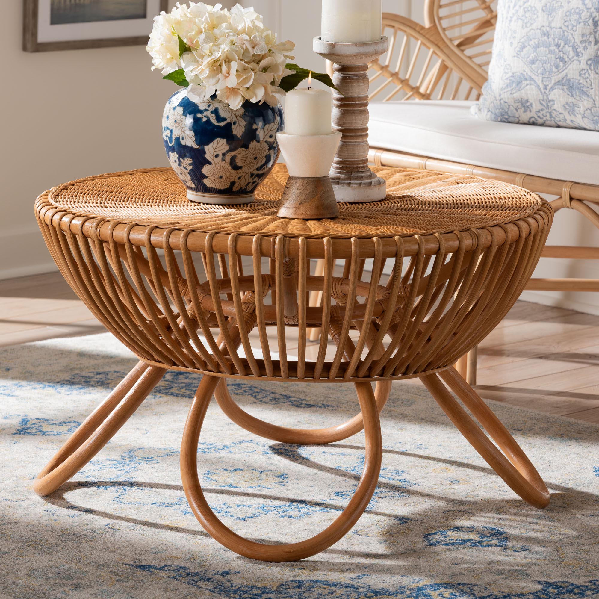 bali & pari Abel Rattan Coffee Table with Splayed Legs - Handcrafted Boho Accent Table, Light Honey