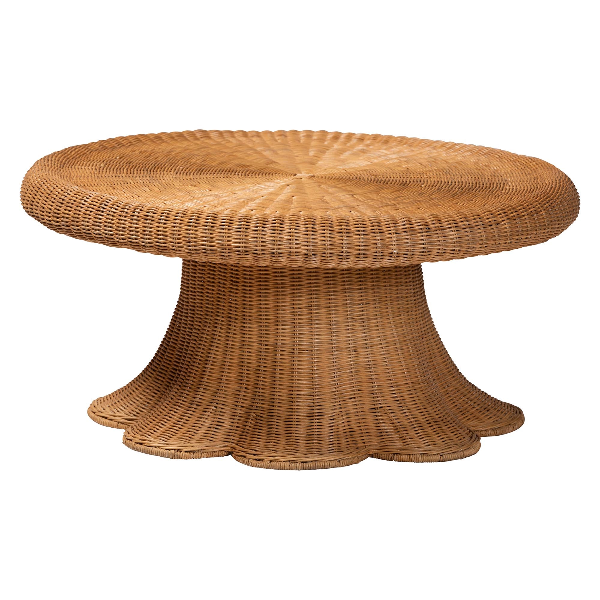 bali & pari Avalon Rattan Round Coffee Table with Scalloped Pedestal Base – Coastal Boho Wicker Accent Table for Living Room or Sunroom