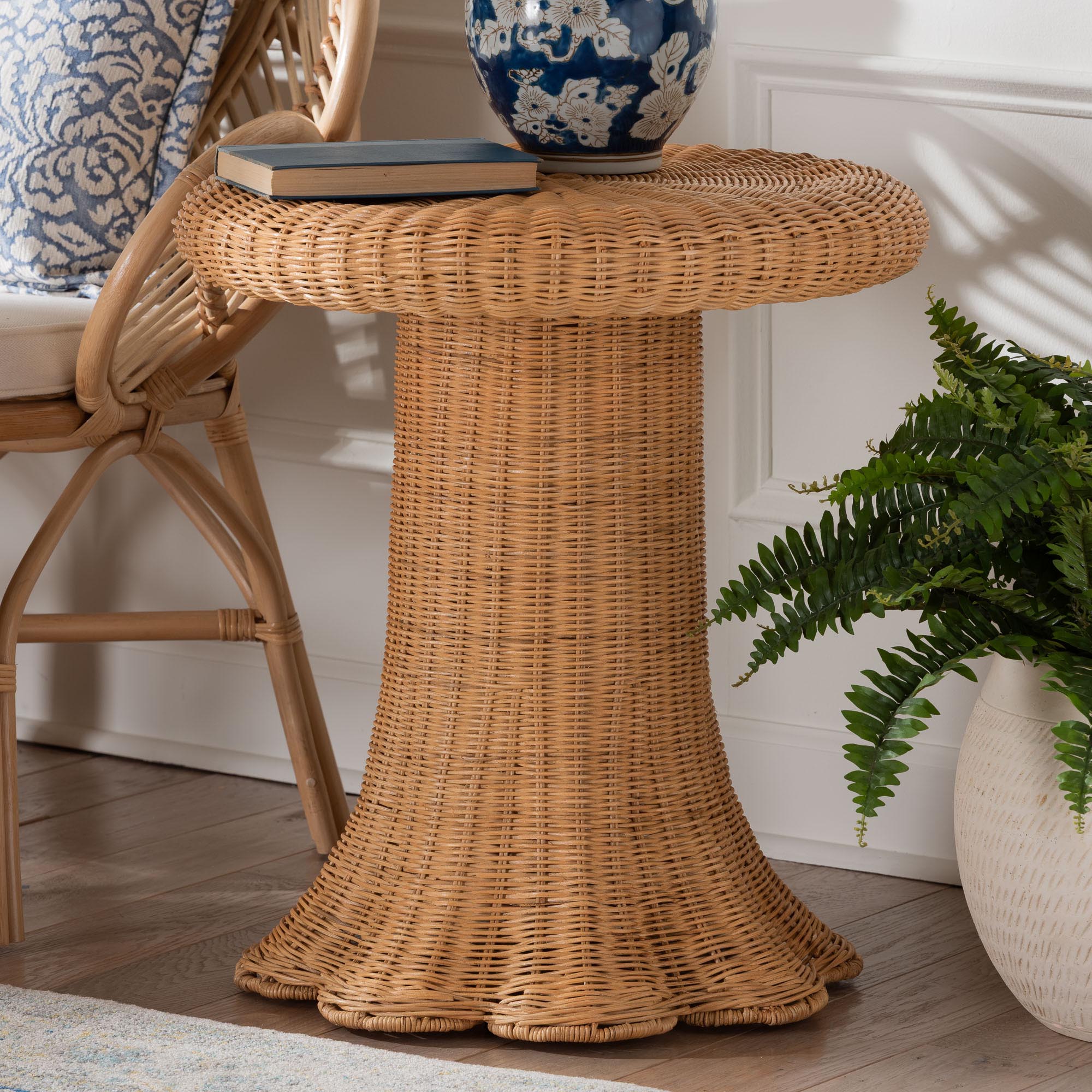 bali & pari Avalon Scallop Rattan Pedestal Side Table - Round Handwoven Wicker Accent Table with Skirted Base, Boho Coastal Style Furniture for Living Room, Hallway or Sunroom