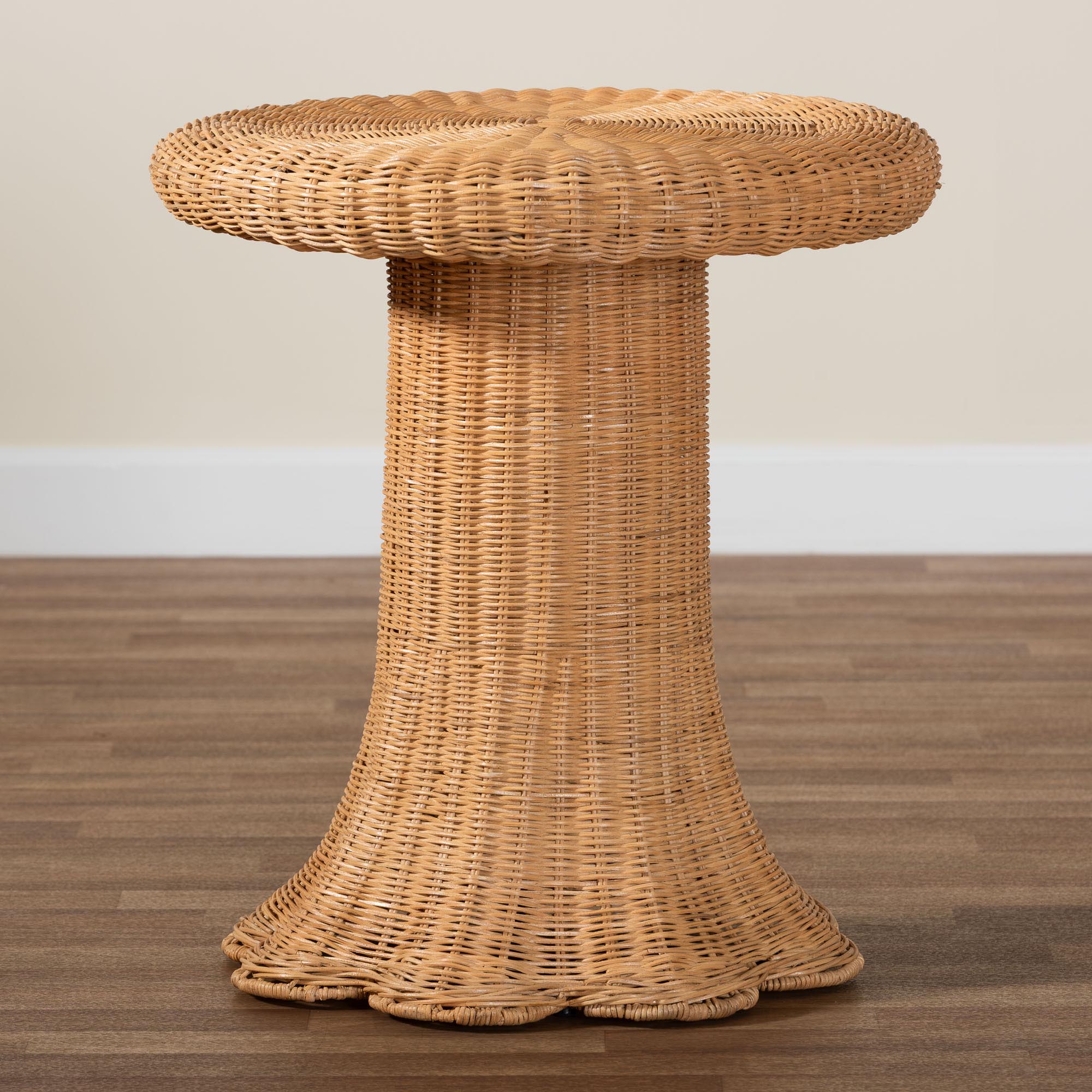 bali & pari Avalon Scallop Rattan Pedestal Side Table - Round Handwoven Wicker Accent Table with Skirted Base, Boho Coastal Style Furniture for Living Room, Hallway or Sunroom