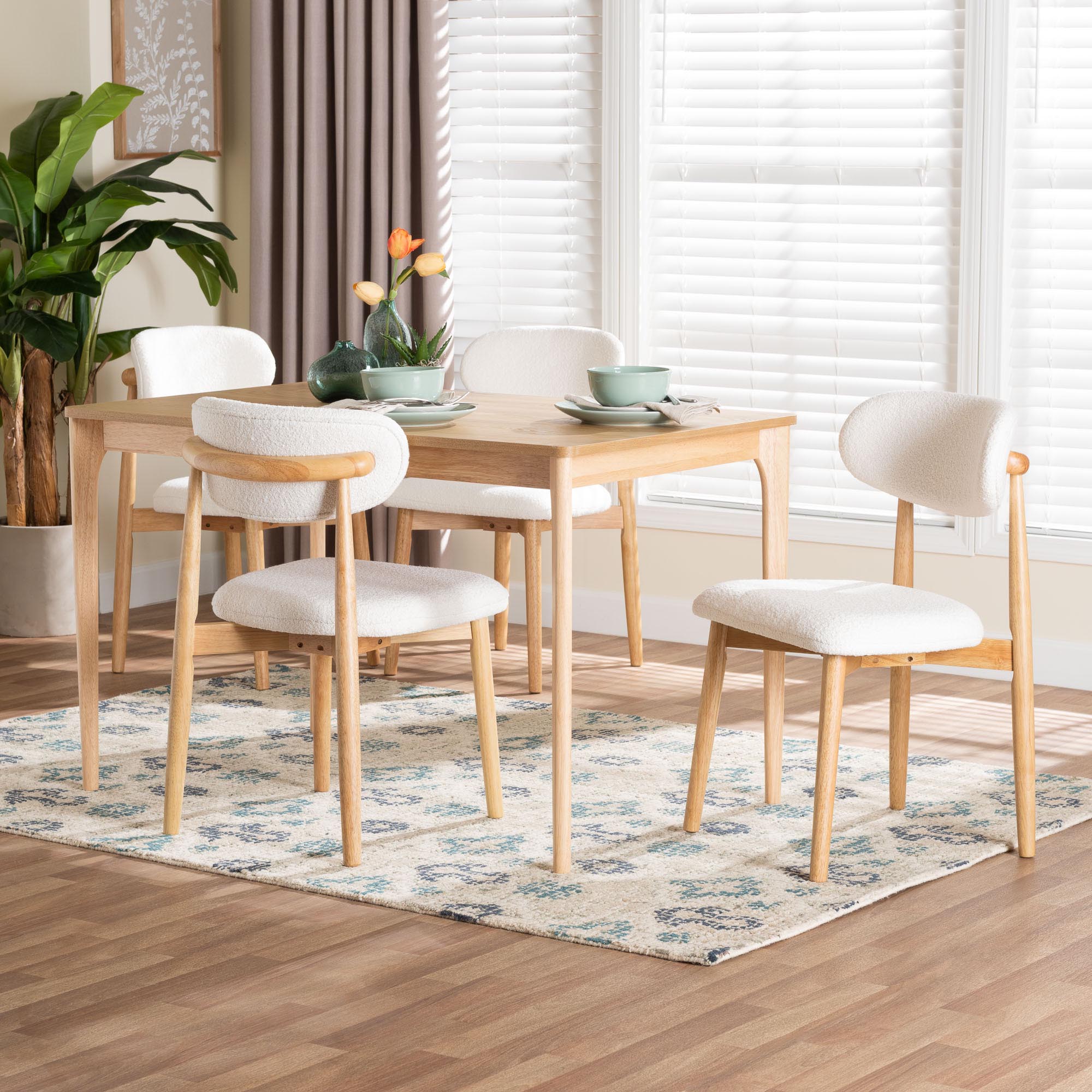 Wattsu 5-Piece Dining Set - Solid Wood Rectangular Table with Boucle Upholstered Chairs, Mid-Century Modern Dining Furniture for Kitchen or Dining Room, and