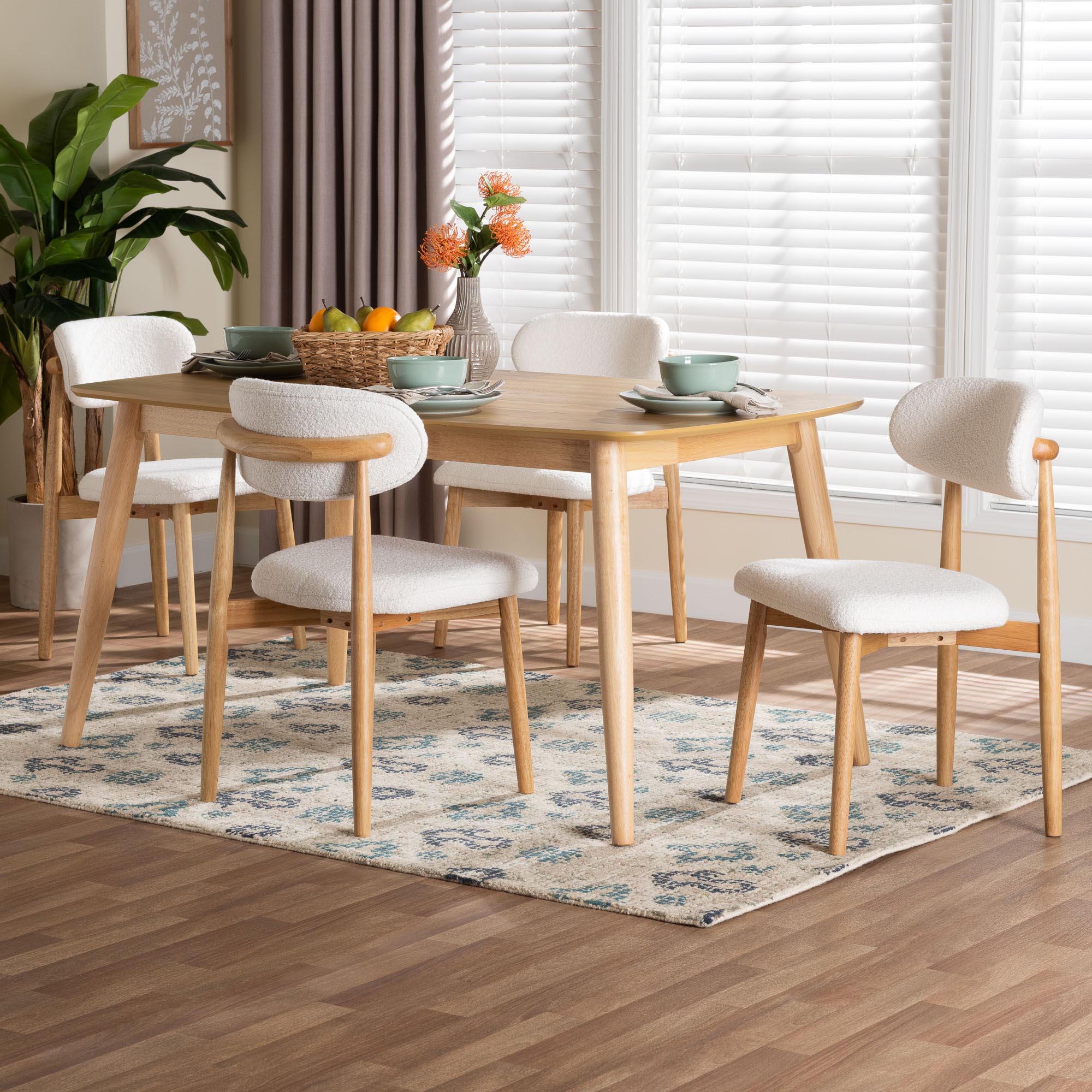 Emily 5-Piece Dining Set - Solid Wood Rectangular Table with Boucle Upholstered Chairs, Mid-Century Modern Dining Furniture for Kitchen or Dining Room, and