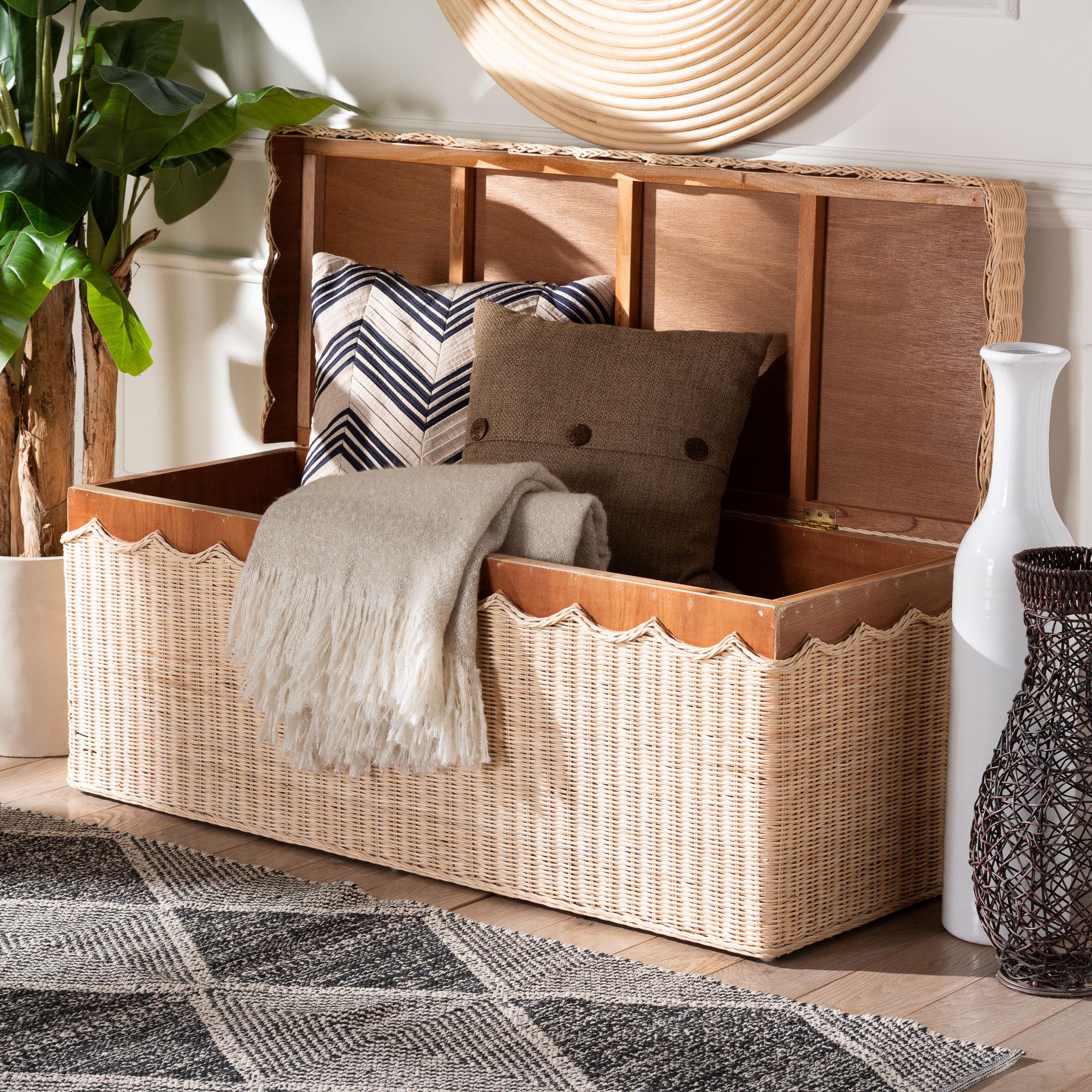 Bali & Pari Damita Scallop Rattan Chest with Lift-top Lid Coastal Boho Style Storage Bench