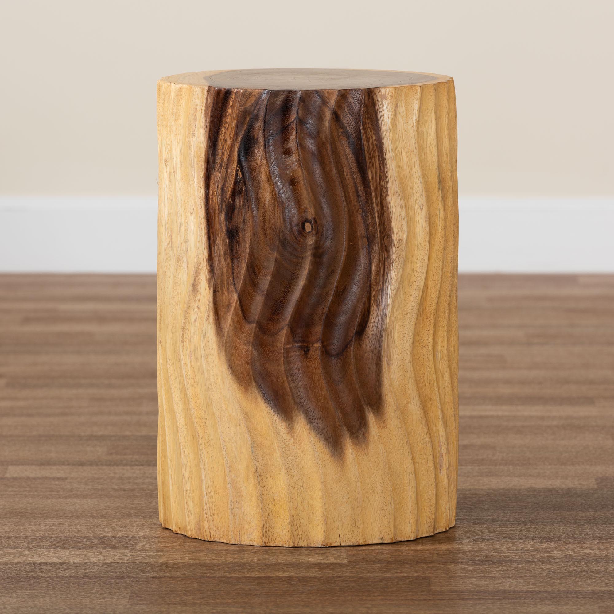 bali & pari Fuchsia Hand-carved Suar Wood Side Table - Round Sculptural Accent Table with Wave Design, Modern Boho Rustic Style for Living Room or Bedroom