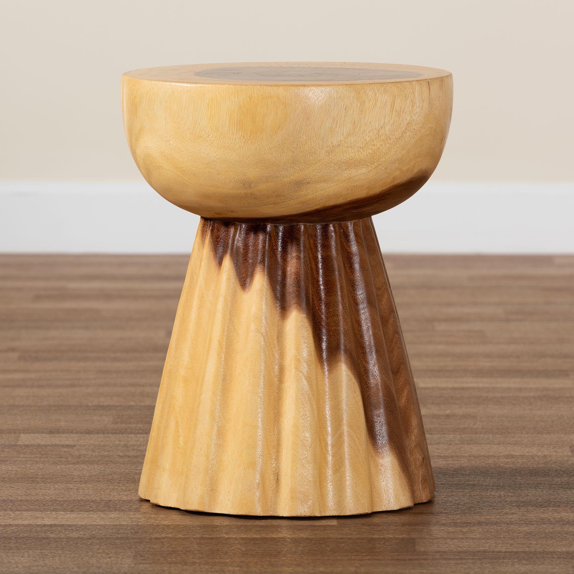 bali & pari Alara Hand-carved Suar Wood Side Table - Sculptural Pedestal Accent Table with Grain, Modern Boho Style for Living Room or Bedroom