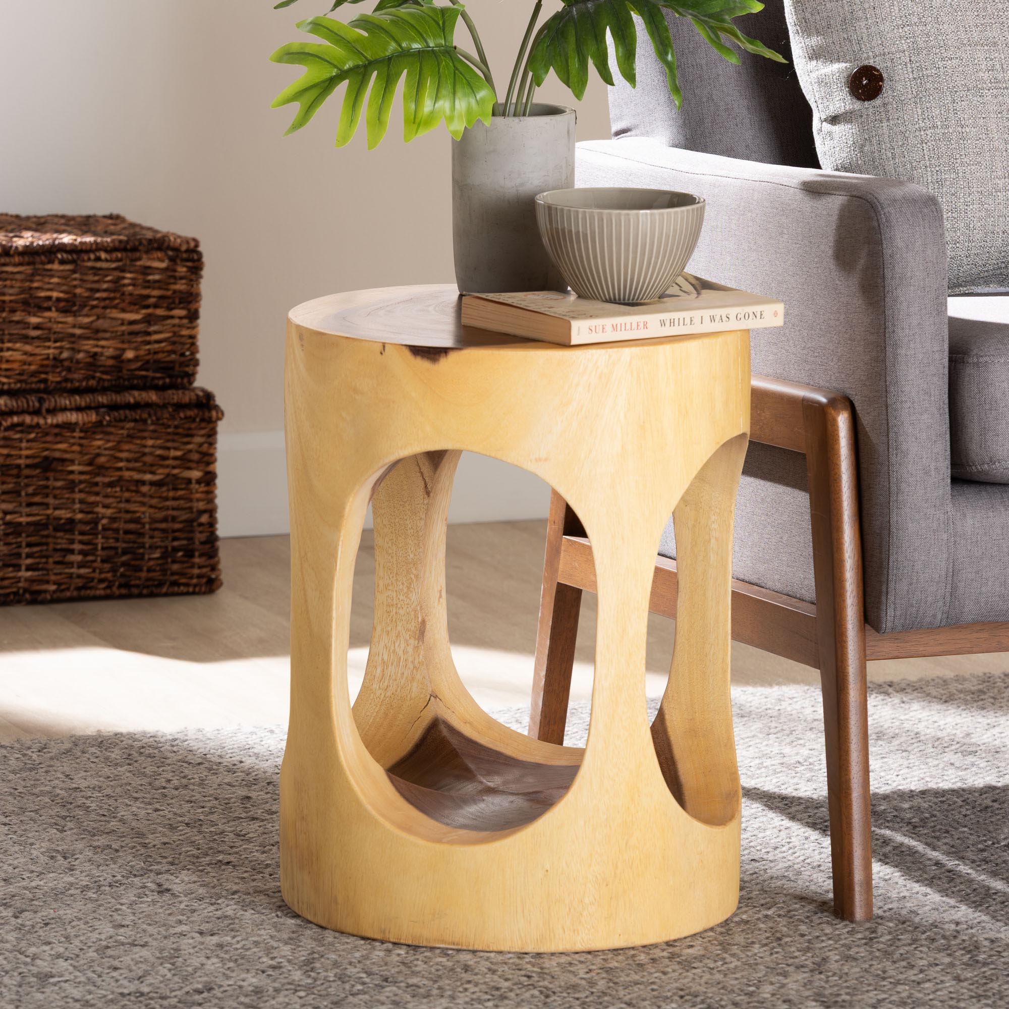 bali & pari Kaseko Hand-carved Suar Wood Side Table - Sculptural Accent Table with Open Work Design, Modern Boho Style for Living Room or Bedroom