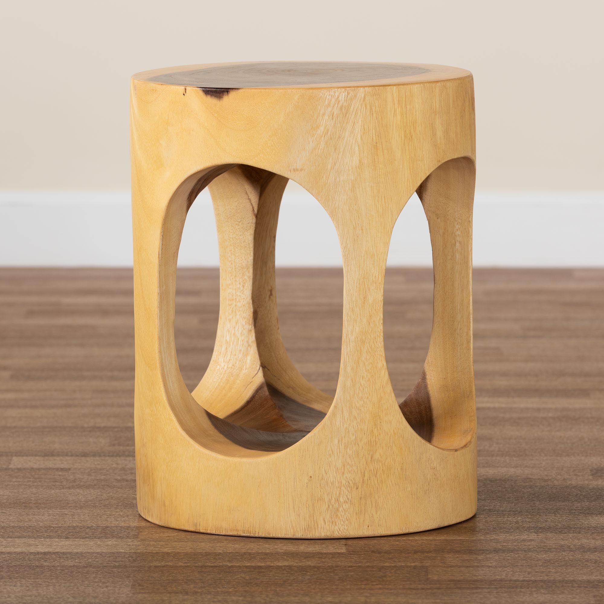 bali & pari Kaseko Hand-carved Suar Wood Side Table - Sculptural Accent Table with Open Work Design, Modern Boho Style for Living Room or Bedroom