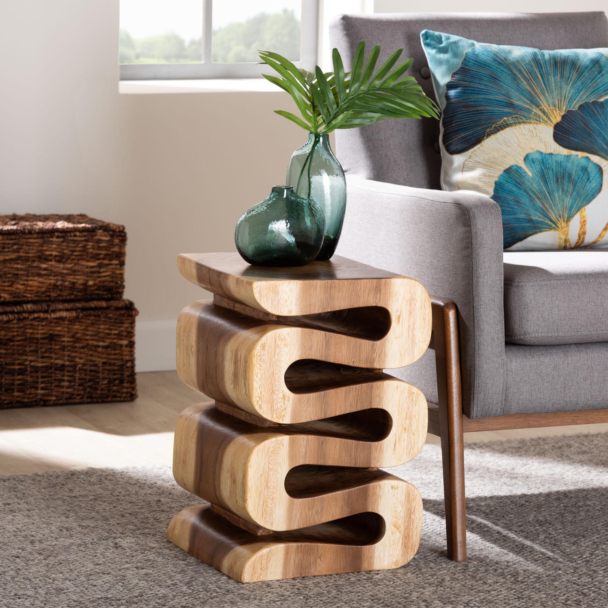 bali & pari Eliada Hand-carved Suar Wood Side Table - Wavy Sculptural Accent Table with Stacked Design, Modern Boho Style for Living Room or Bedroom