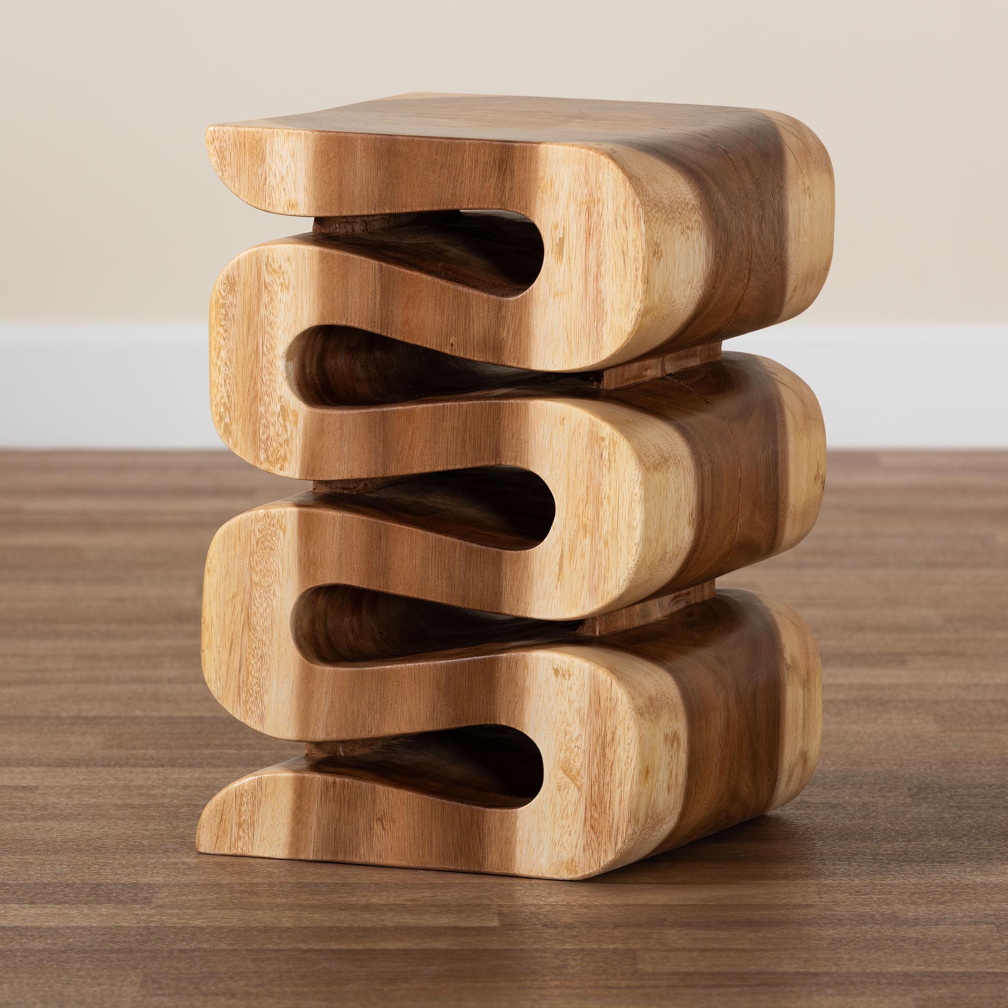 bali & pari Eliada Hand-carved Suar Wood Side Table - Wavy Sculptural Accent Table with Stacked Design, Modern Boho Style for Living Room or Bedroom