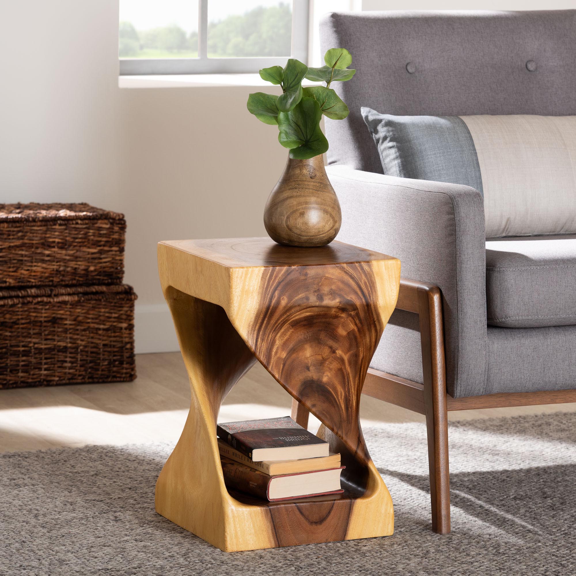 bali & pari Rapha Hand-carved Suar Wood Side Table with Shelf - Sculptural Accent Table with Twist Design, Modern Boho Style for Living Room or Bedroom