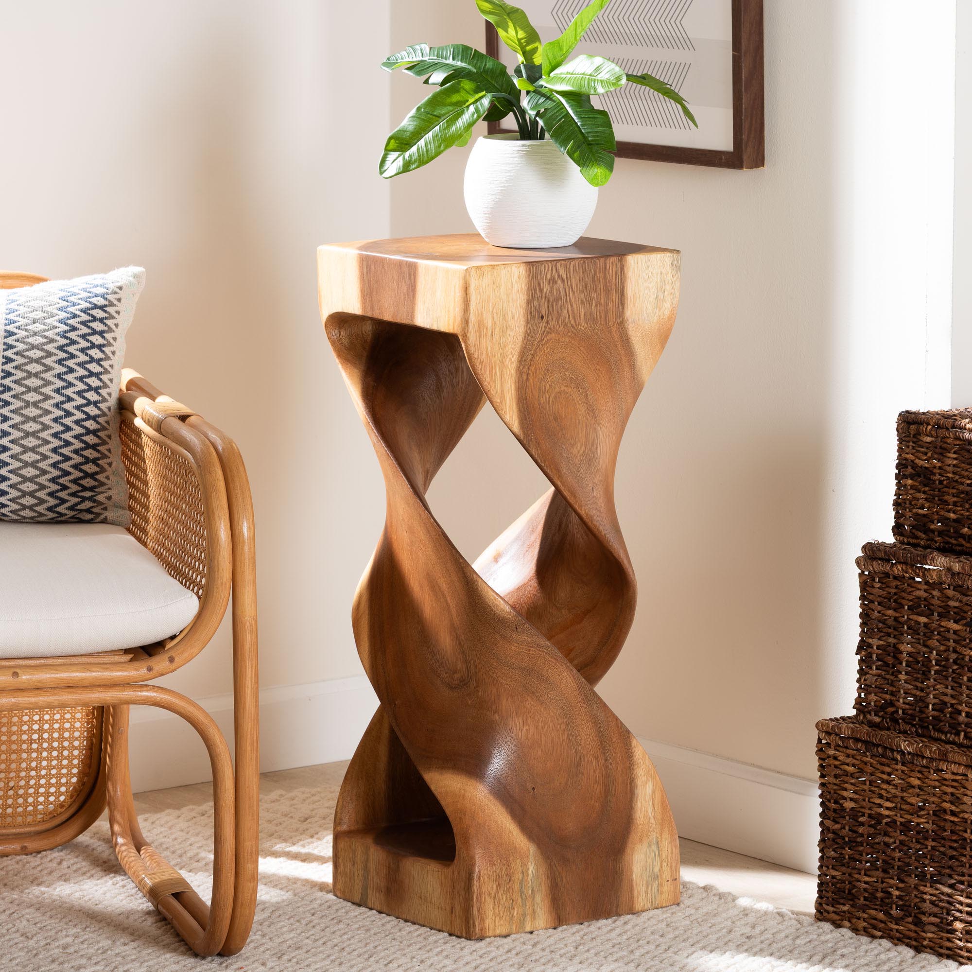 Bali & Pari Rapha Suar Wood Accent Table Hand-Carved Sculptural Pedestal Stand with Twist Design, Modern Boho Side Table