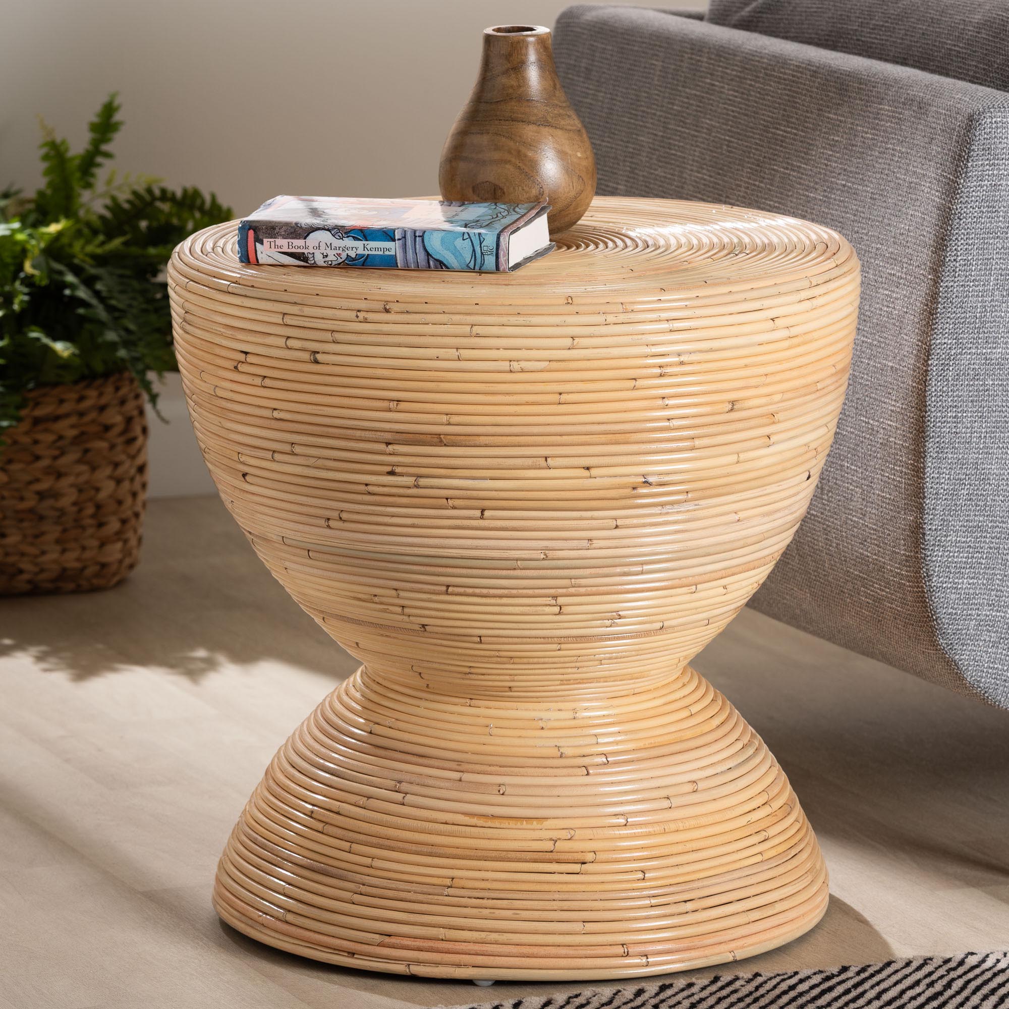 bali & pari Tokyo Laminated Rattan Side Table - Hourglass Accent Table with Modern Sculptural Design, Boho Chic Style for Living Room or Bedroom,